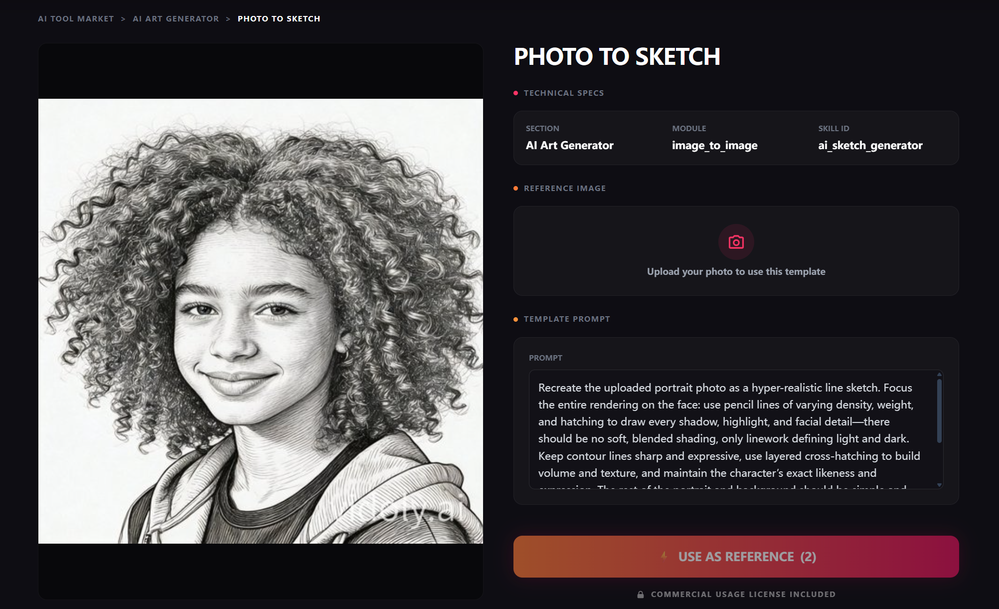AI Art Generator interface showing Photo to Sketch style selection