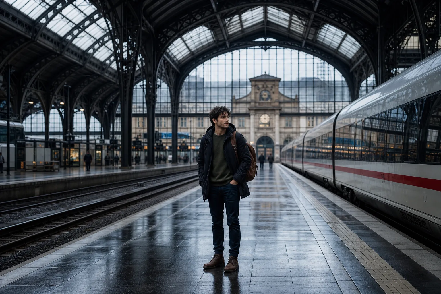 Wide shot example of a traveler in a train station for AI image prompt framing
