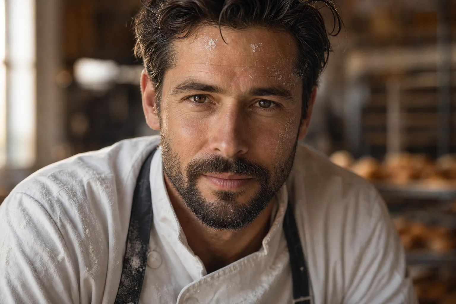Close-up example of a pastry chef in a bakery kitchen for AI image prompt framing