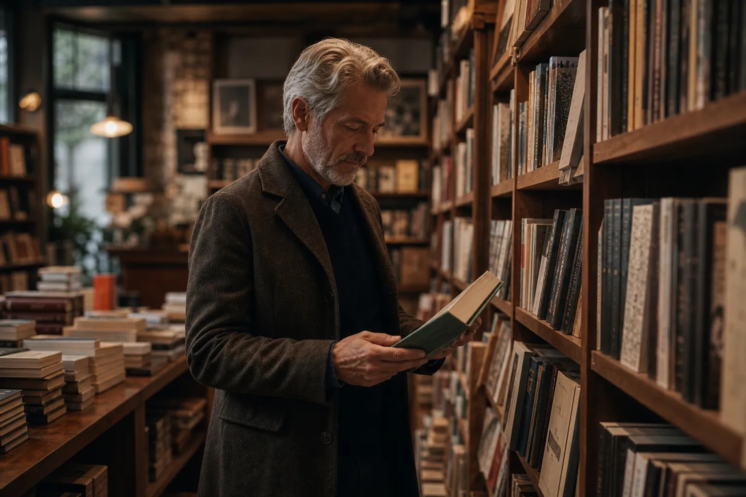 Medium shot example of an older man in a bookstore for AI image prompt framing