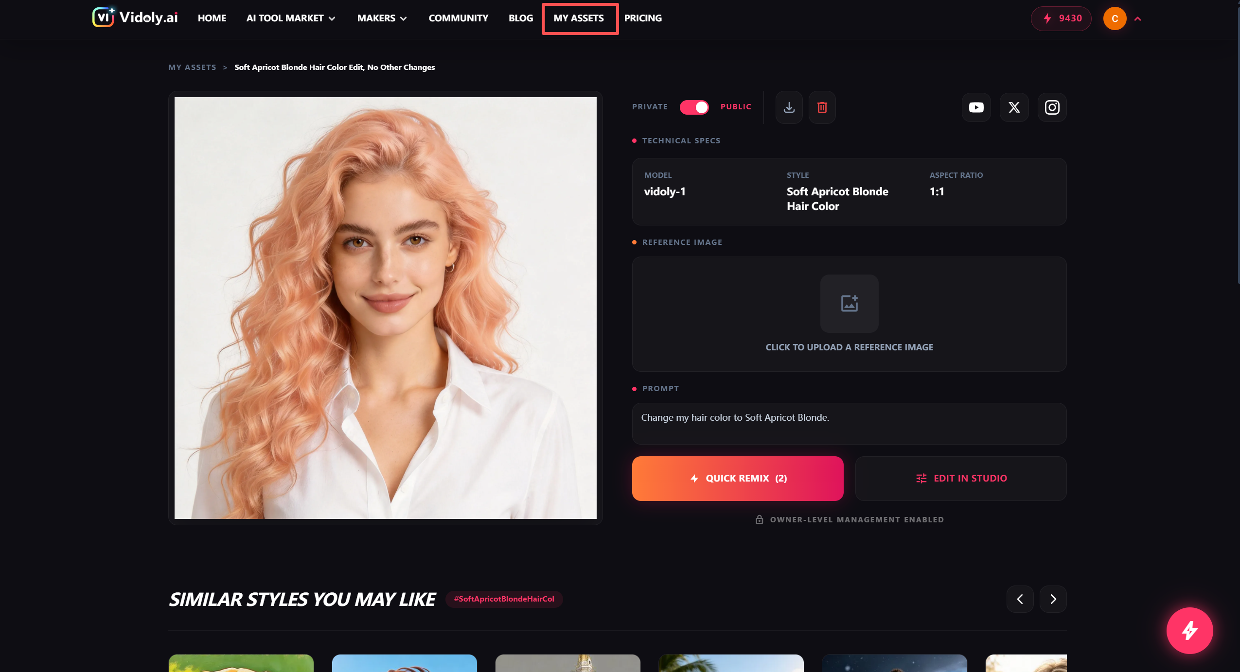 AI hair color changer generating a realistic hair color transformation result