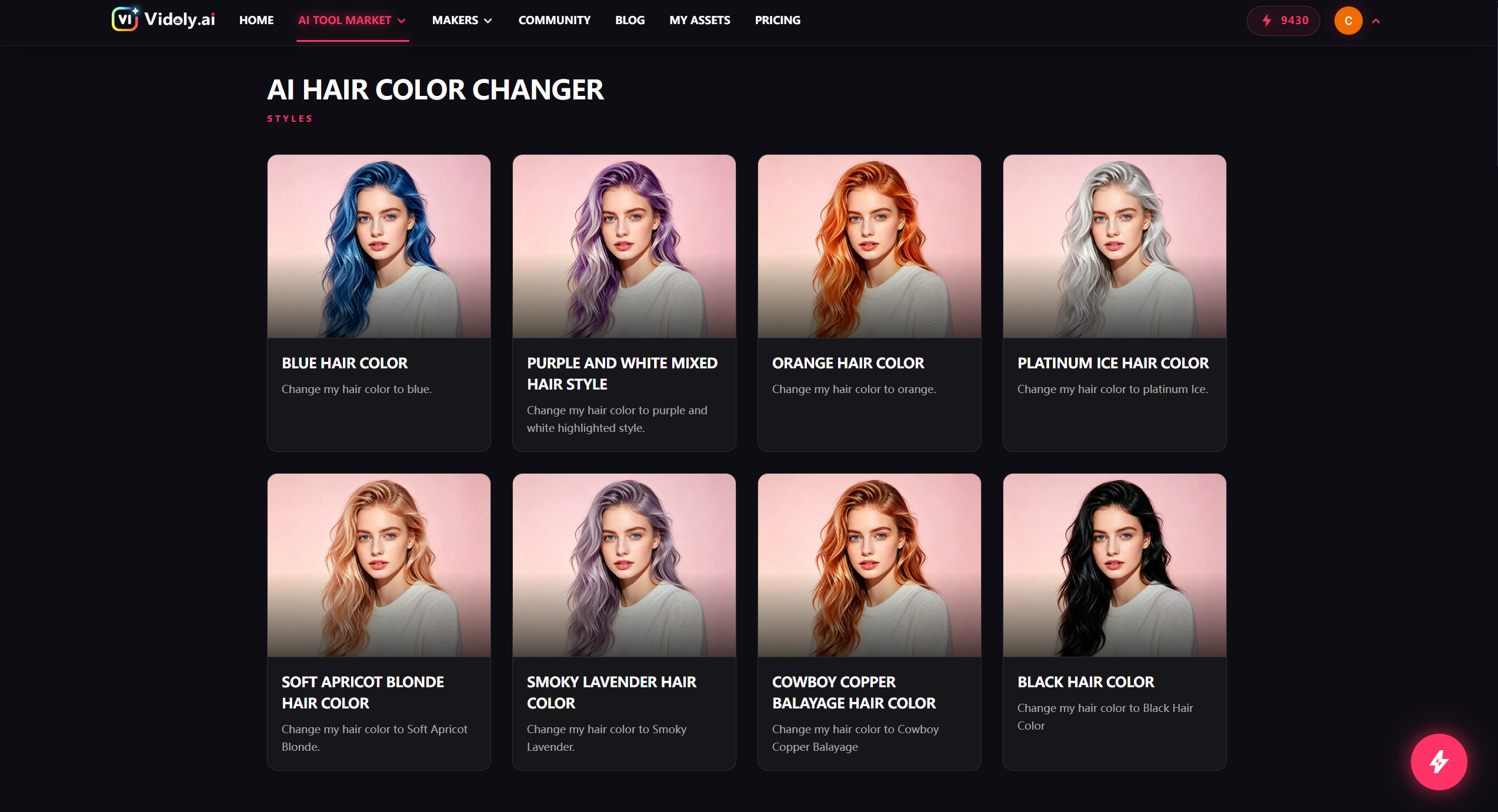 Selecting blonde brown red and other hair colors in an AI hair color changer tool