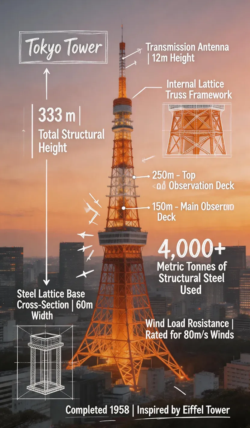 [Title]: Tokyo Tower
Create an infographic image of [Title], combining a real photograph of the landmark with blueprint-style technical annotations and diagrams overlaid on the image. Include the [Title] in a hand-drawn box in the corner. Add white chalk-style sketches showing key structural data, important measurements, material quantities, internal diagrams, load-flow arrows, cross-sections, floor plans, and notable architectural or engineering features. Style: blueprint aesthetic with white line drawings on the photograph, technical/architectural annotation style, educational infographic feel, with the real environment visible behind the annotations