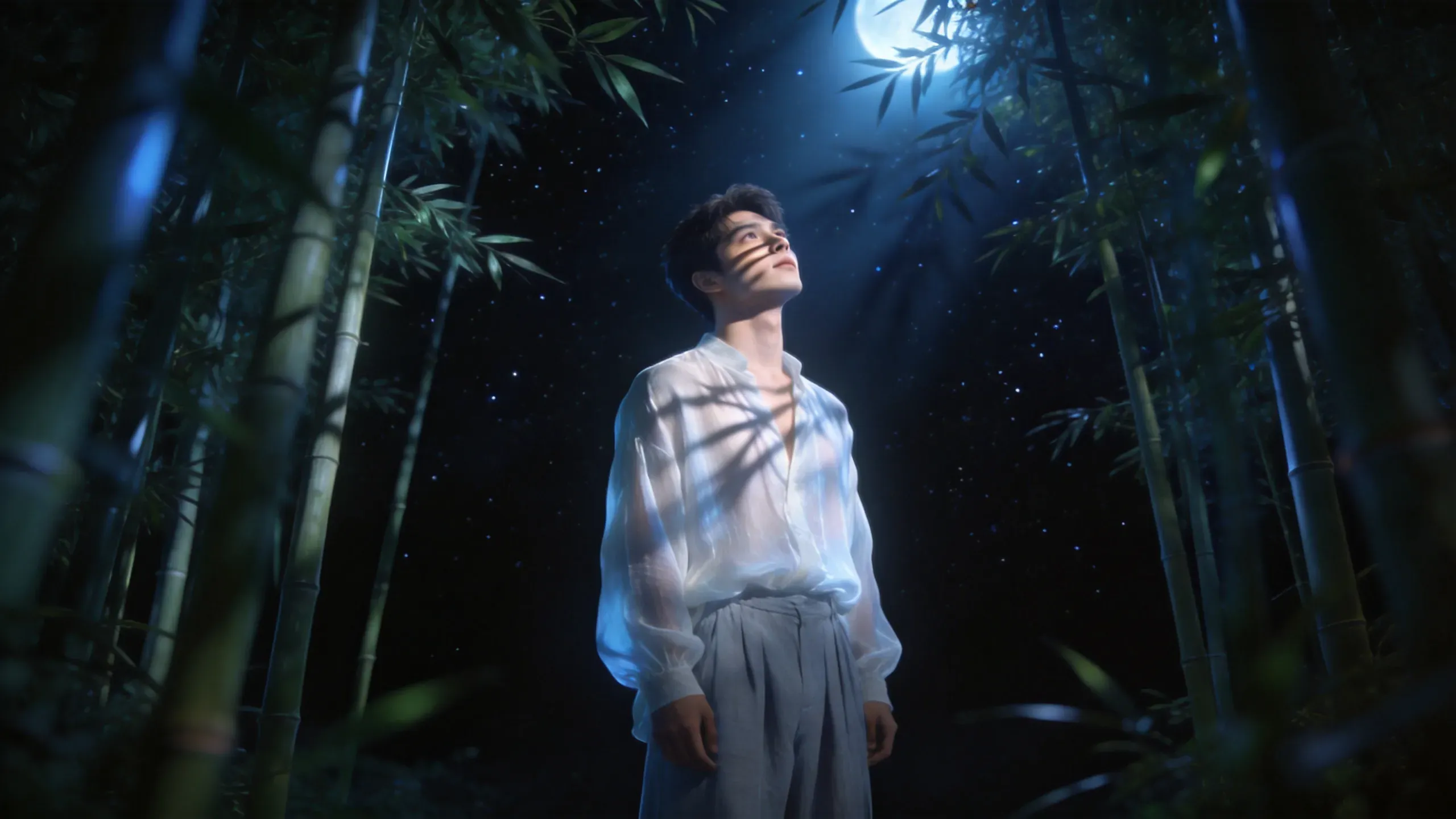 Fashion cover, 16:9 aspect ratio, photorealistic high-end editorial portrait with a dreamy 3D effect, set against a profound, starless black night sky background. A handsome young male model stands in the mid-ground, looking up with a serene expression. He is wearing a flowing, ethereal white linen shirt and loose, light-gray trousers. The 3D effect is masterfully created by a dense forest of tall, slender, out-of-focus bamboo stalks in the immediate foreground. These bamboo stalks frame the model and create a strong sense of perspective, as if the viewer is peeking through the foliage at him. The lighting is magical and soft, with a gentle, cool blue light source illuminating the scene from above, mimicking moonlight. This light casts long, delicate shadows through the bamboo leaves and onto the model's face and clothing, enhancing the depth and creating a tranquil, almost mystical atmosphere. Ultra HD 8K, hyper-realistic skin texture, sharp focus on the model's face and the shirt's details, shallow depth of field.
