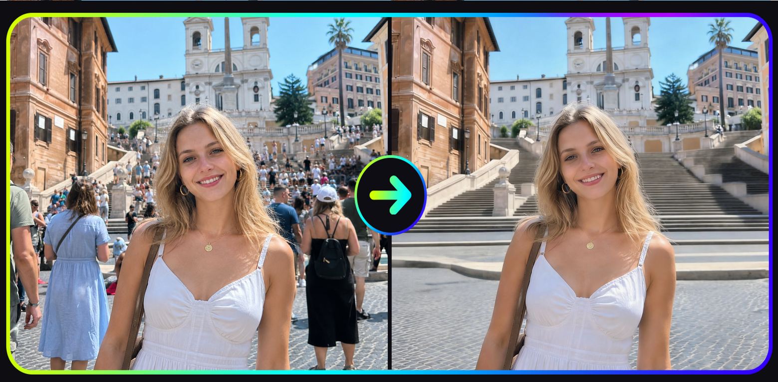 before and after AI background people remover removing photobomber from image