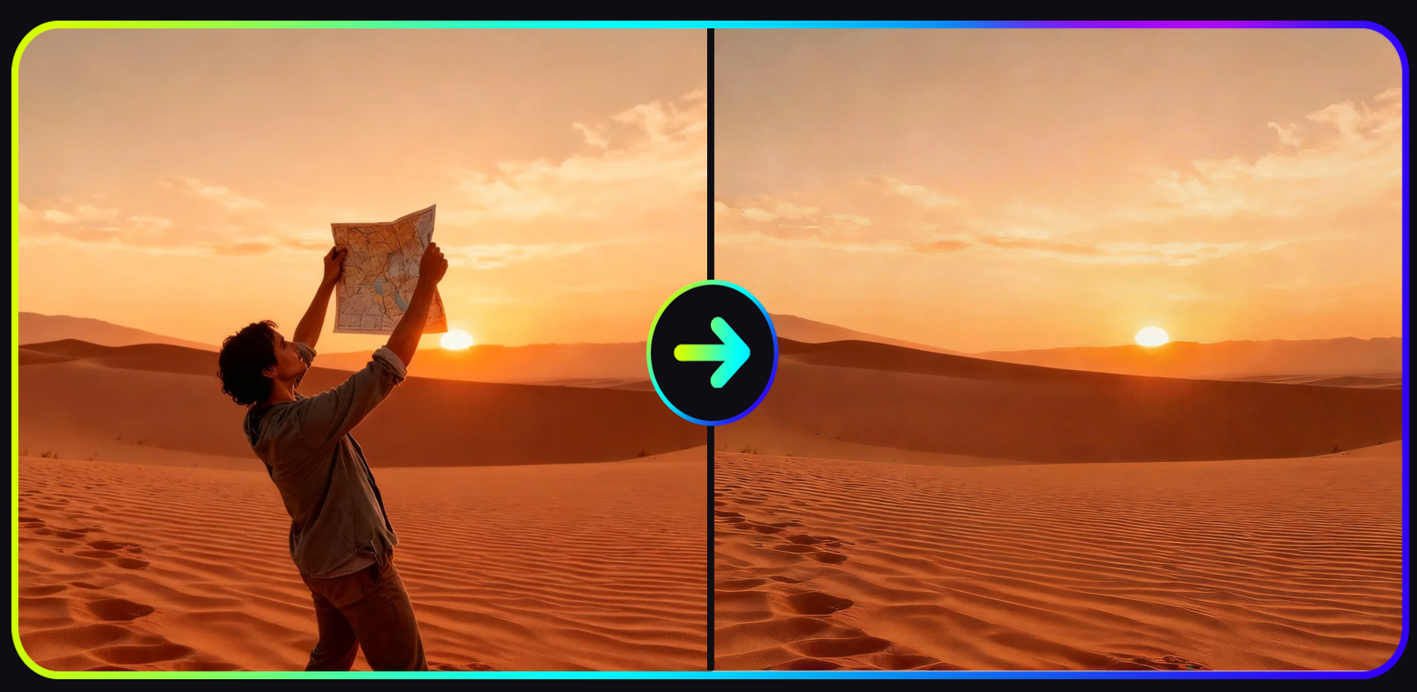 before and after AI people remover deleting unwanted person from photo