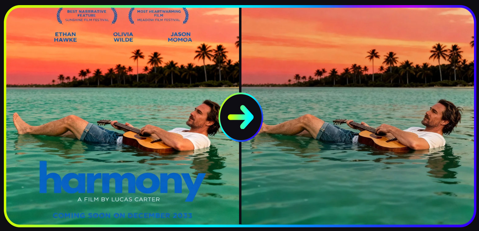 before and after AI text remover removing text overlay from image
