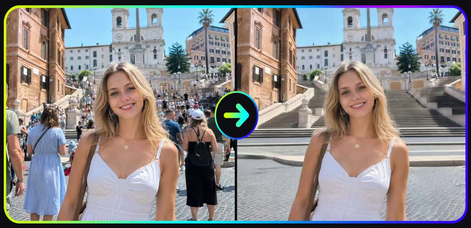 before and after AI background people remover removing photobomber from image
