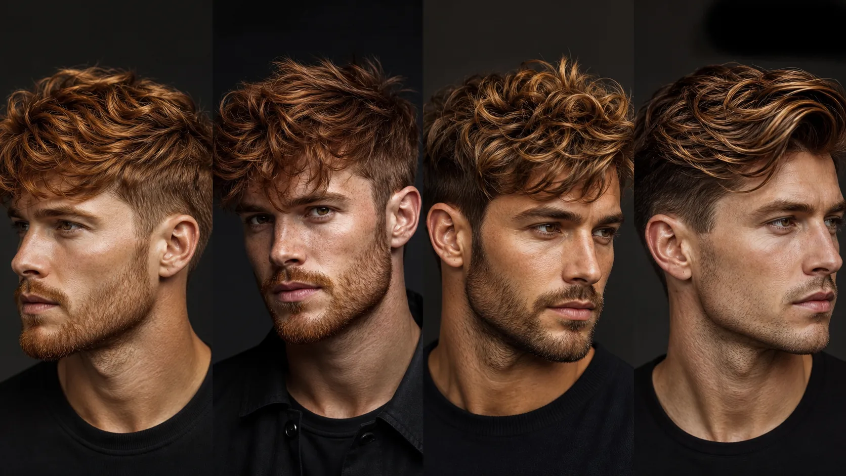Men's copper, auburn, caramel highlights, and balayage hair color options