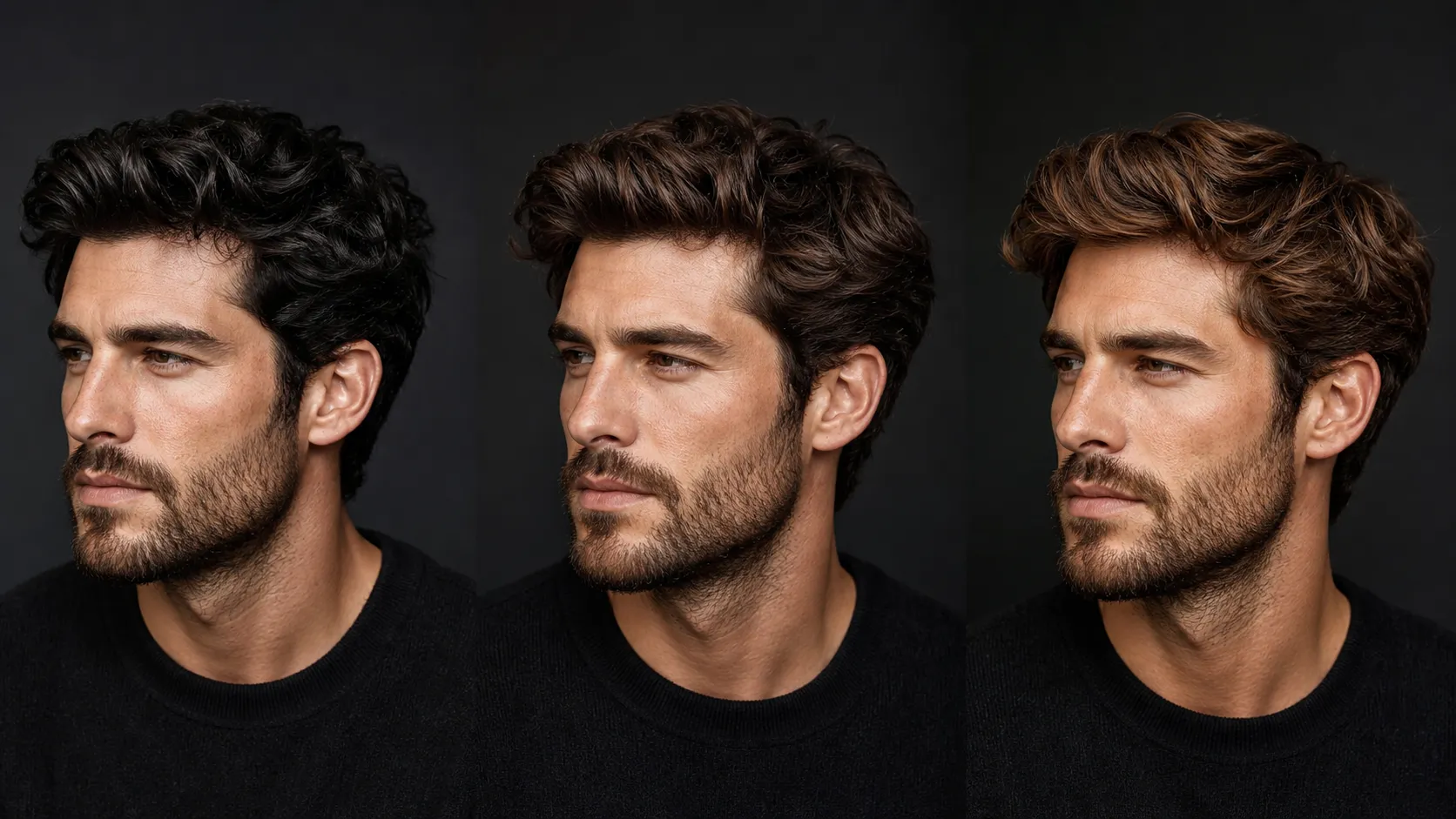 Men's natural brunette hair color comparison with espresso, dark brown, and chocolate shades