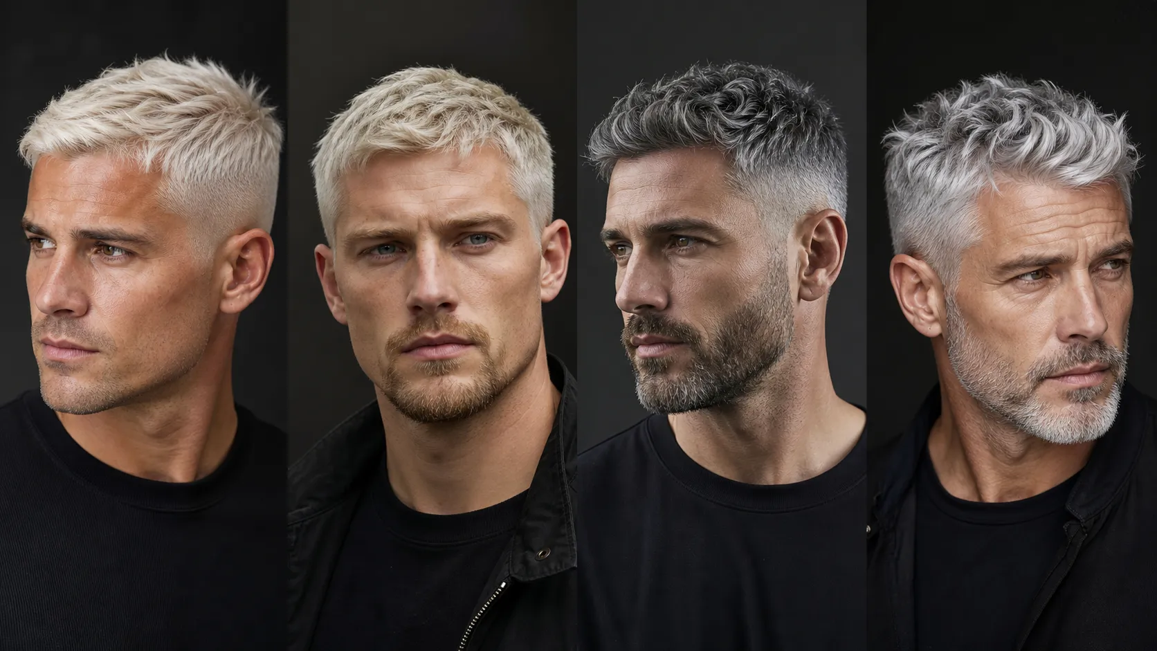 Men's platinum blonde, icy blonde, smoky gray, and silver hair color options