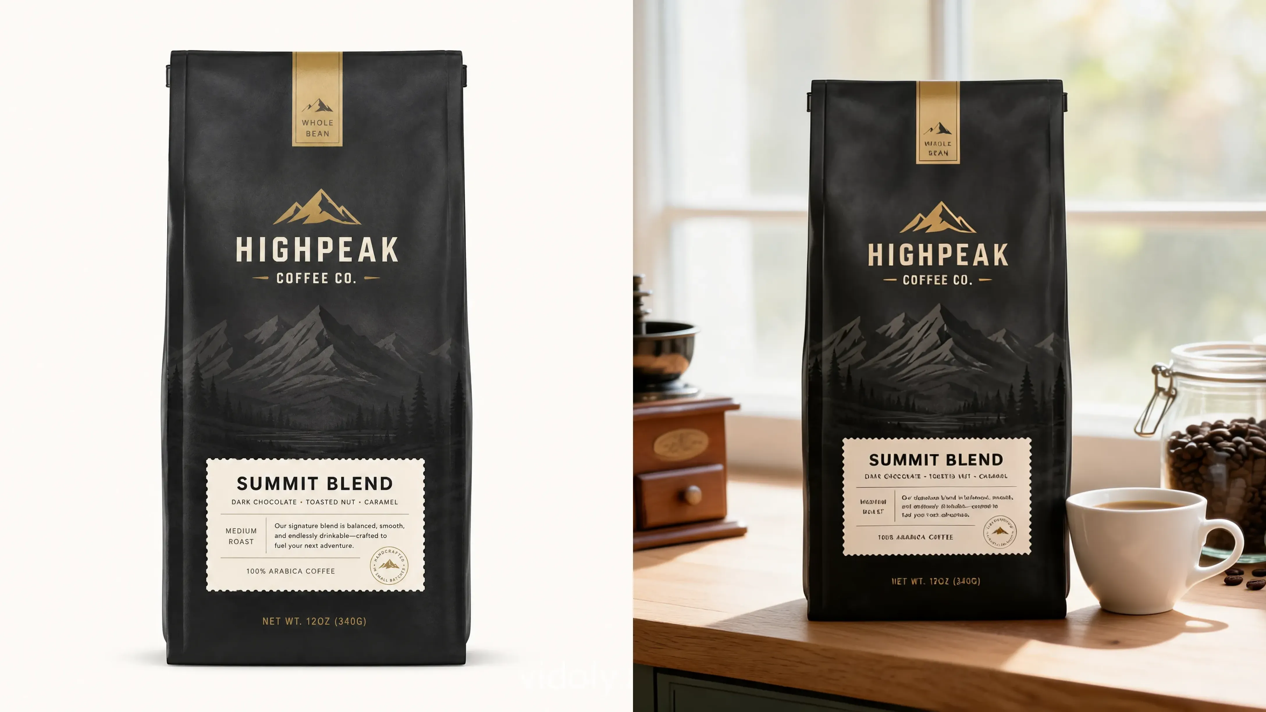 AI-generated coffee product photography showing coffee packaging in a cozy kitchen lifestyle setting