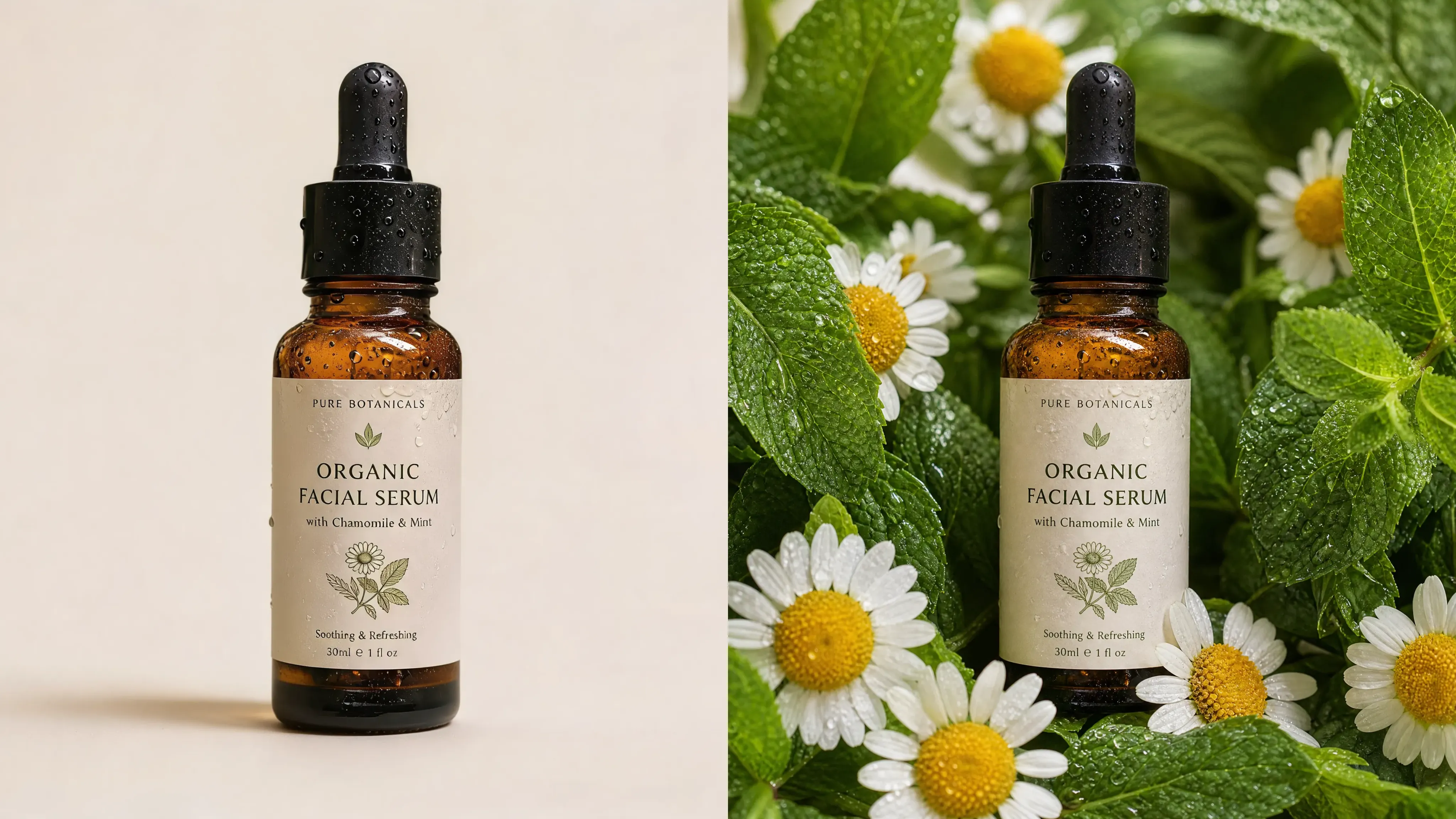 AI-generated luxury skincare product photography featuring a cosmetic bottle on a marble countertop with natural sunlight