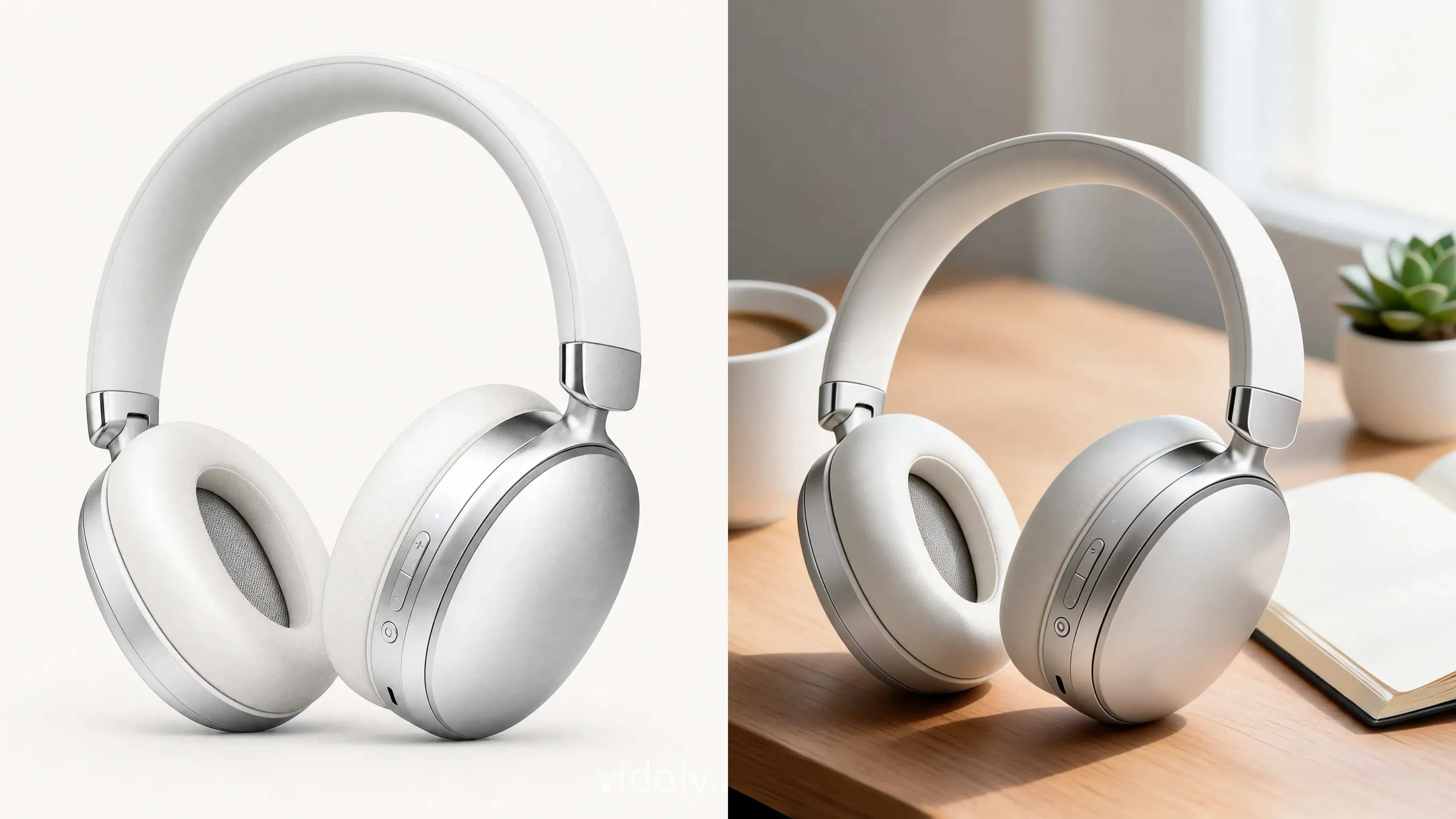 AI-generated electronics product photography featuring wireless headphones in a modern workstation environment
