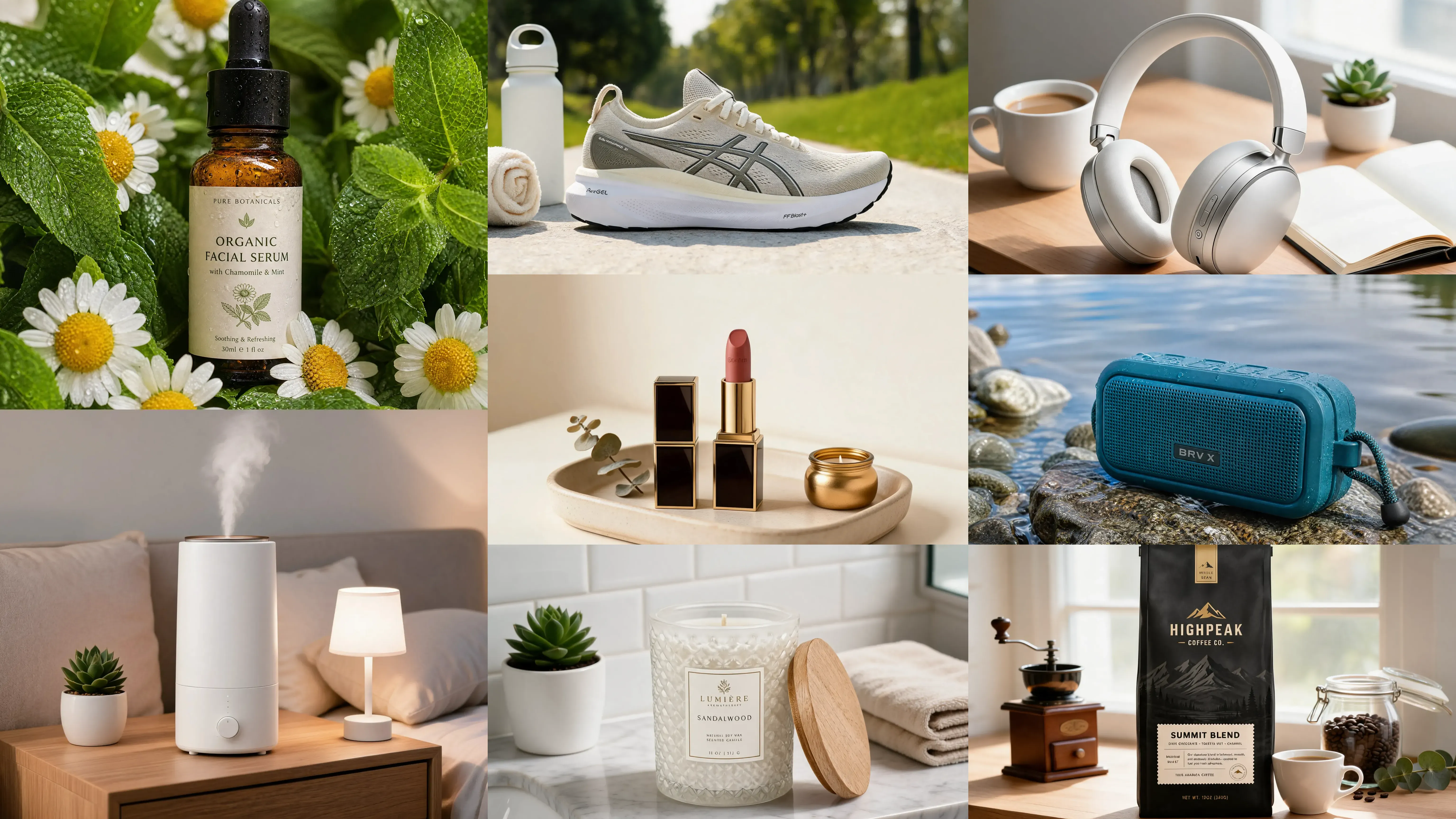 AI-generated Shopify product photography examples featuring lifestyle product images and collection grid visuals created with the Shopify Product Image Generator