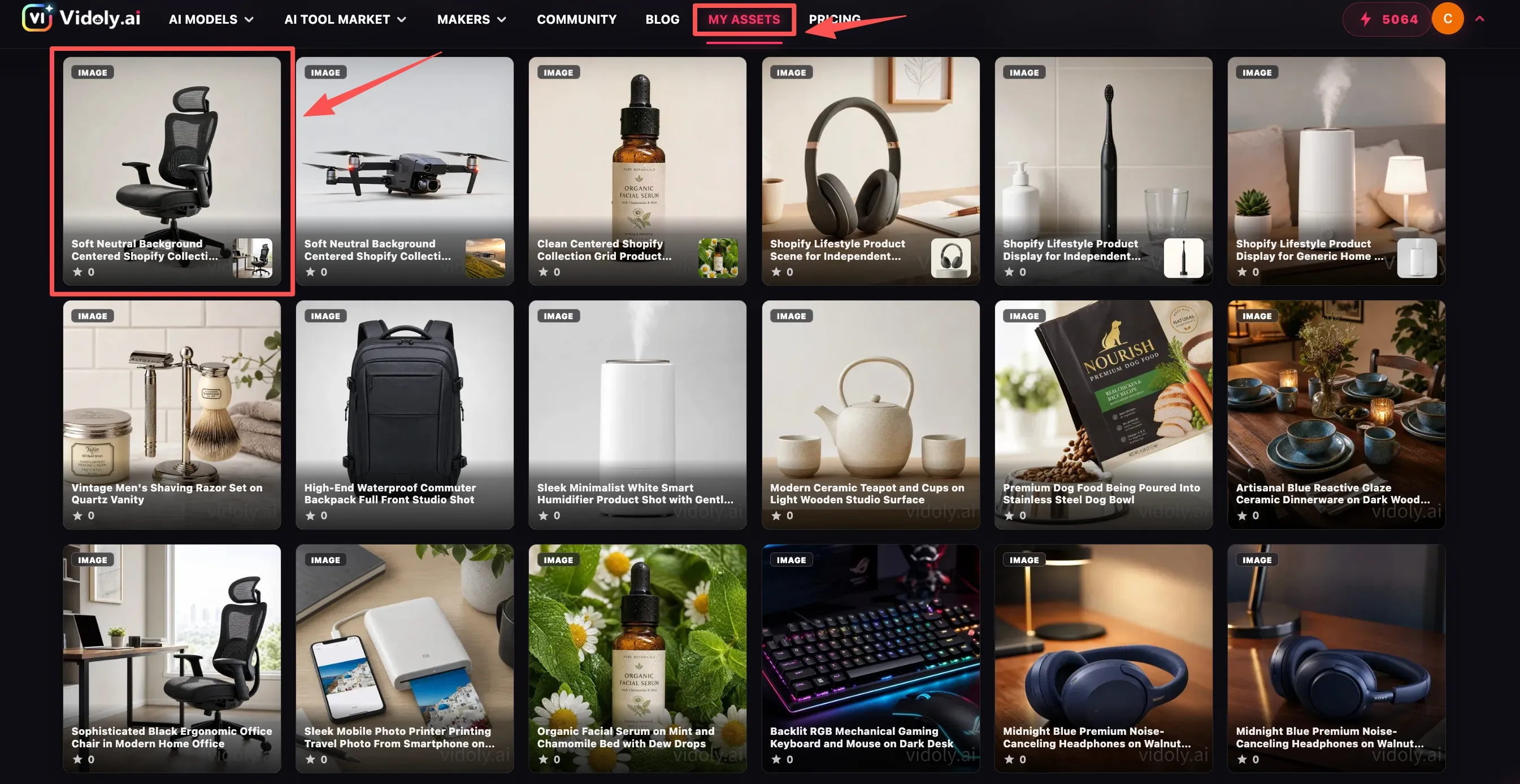 Viewing generated ecommerce product images inside the My Assets dashboard
