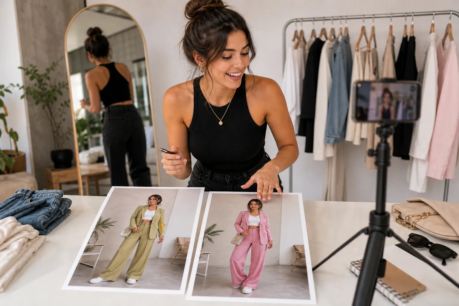 Influencer planning AI virtual try-on outfit content with Vidoly