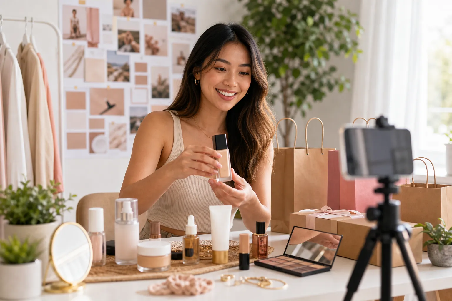 Influencer preparing product promotion visuals for a brand collaboration