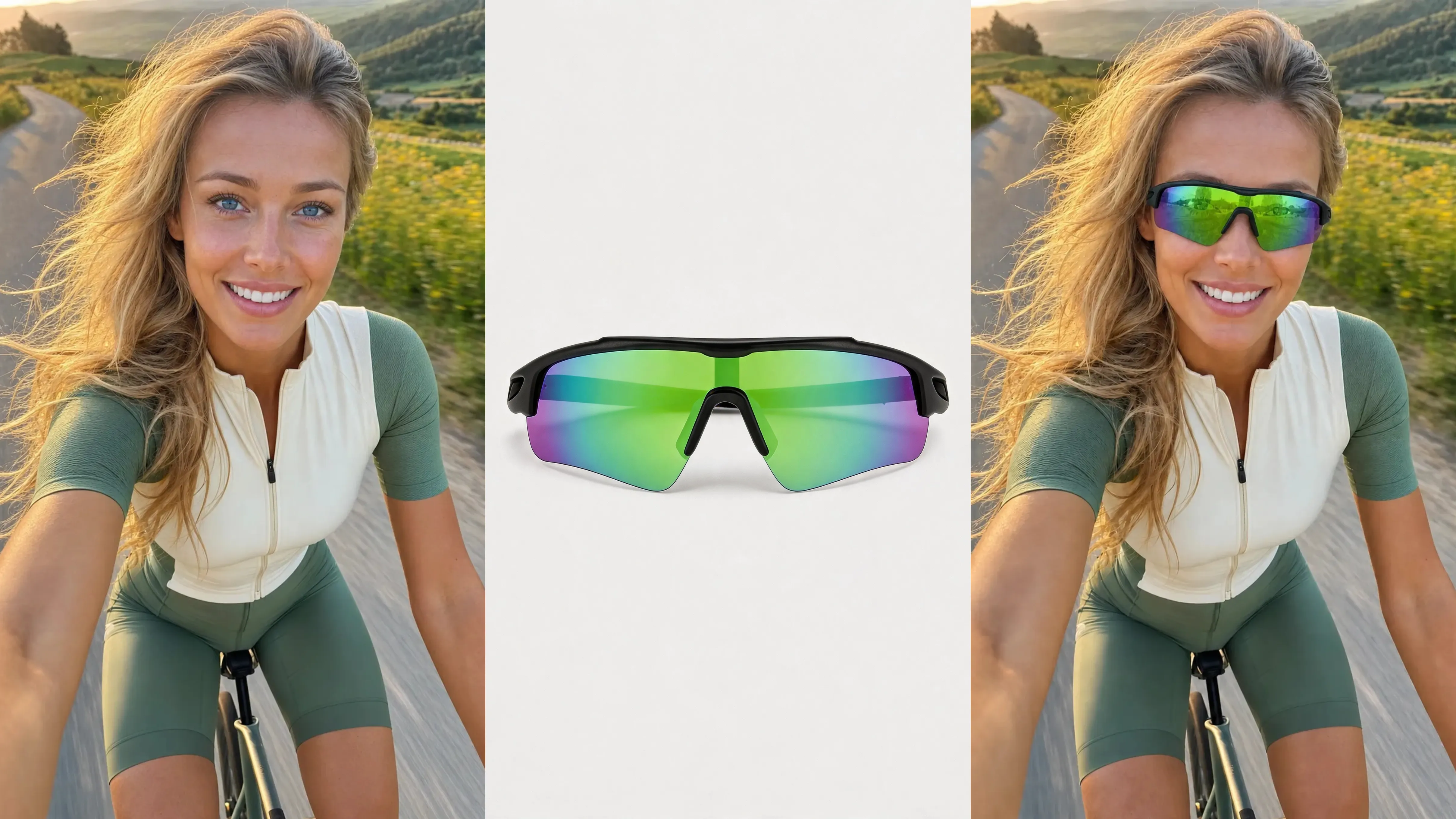 AI-generated eyewear try-on example featuring sunglasses and optical frames