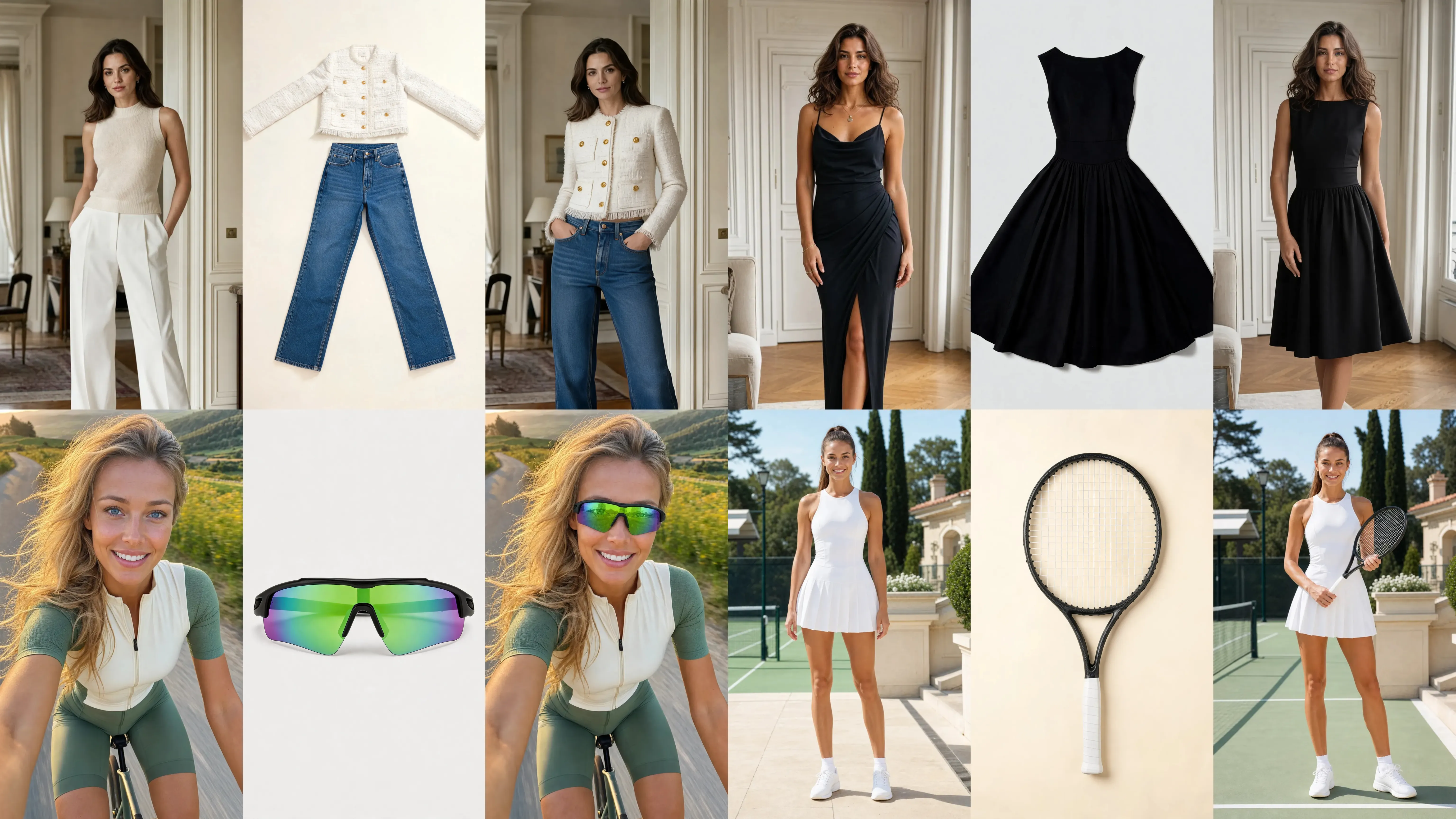 AI Virtual Try On tool generating realistic previews for clothing, dresses, glasses, and sports equipment