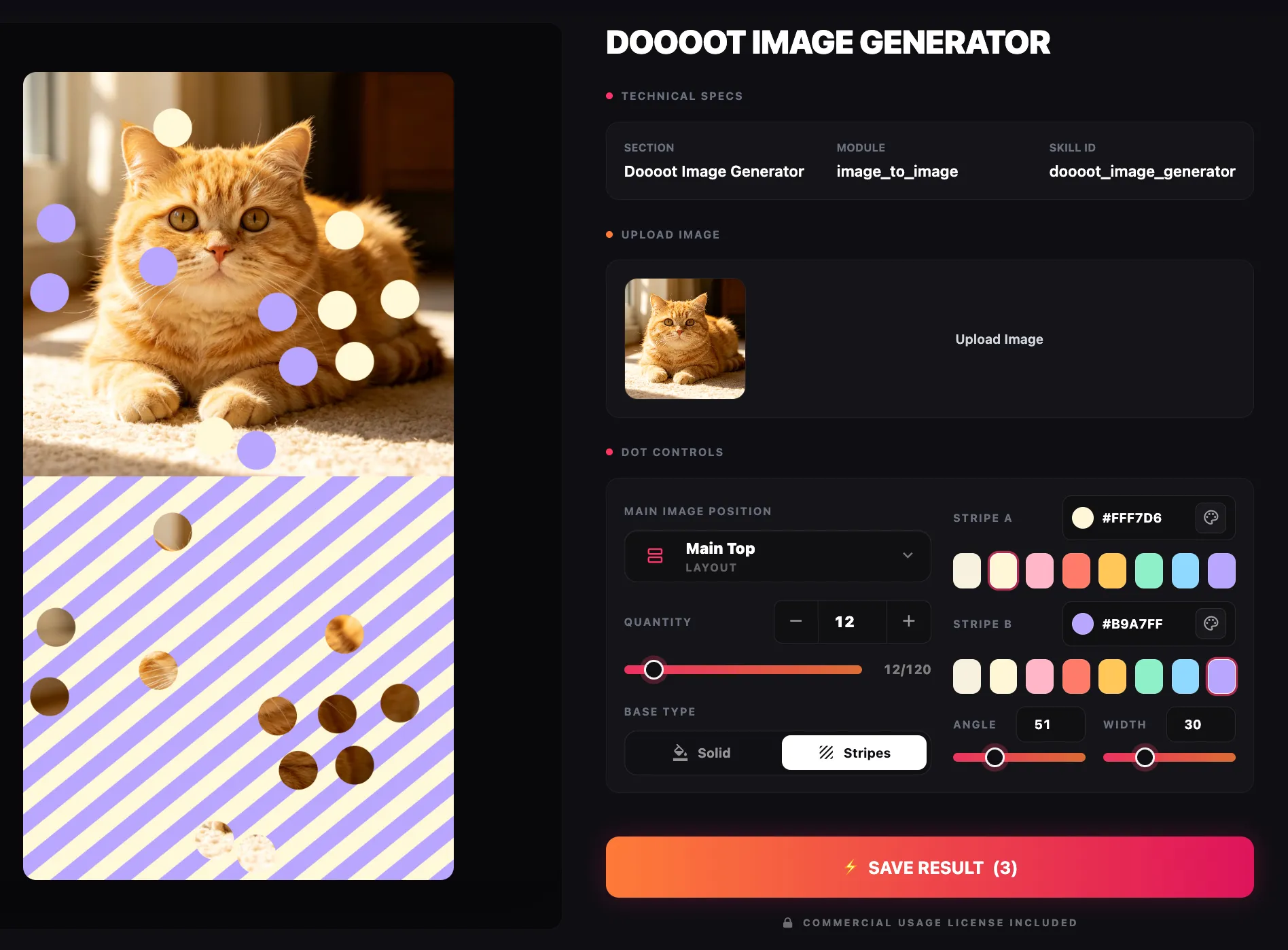 Doooot Image Generator example showing a split image layout with customizable dot decoration and stripe colors