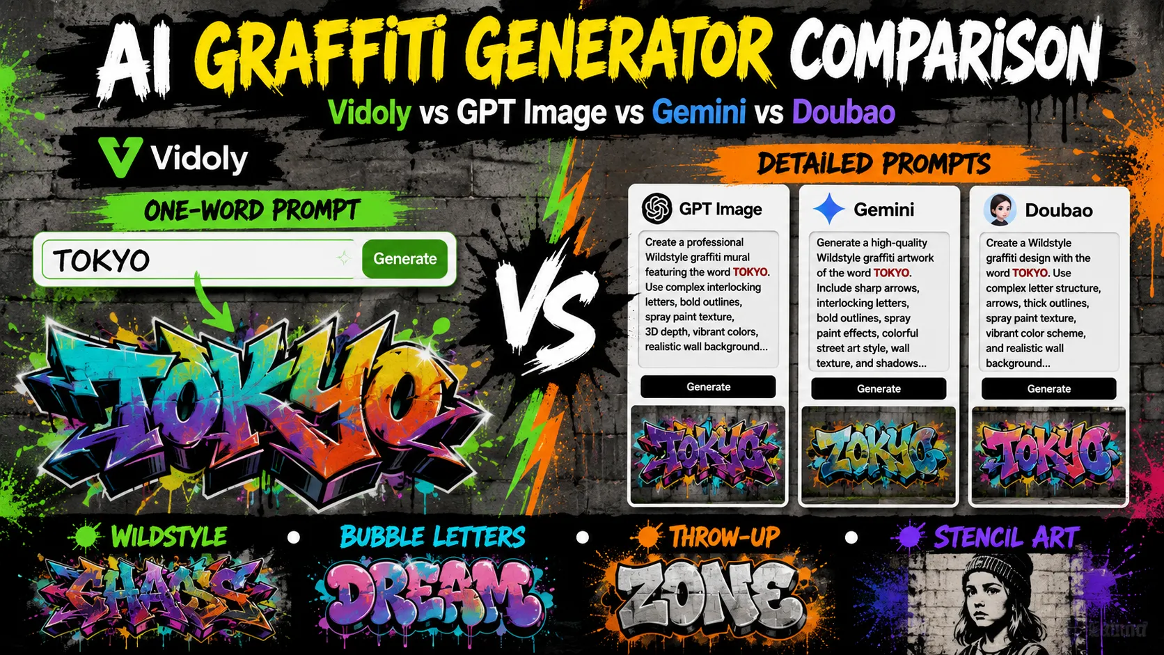 Examples created with AI graffiti generator comparison chart across multiple street art styles including Wildstyle, Bubble Letters, Throw-Up, and Stencil Art