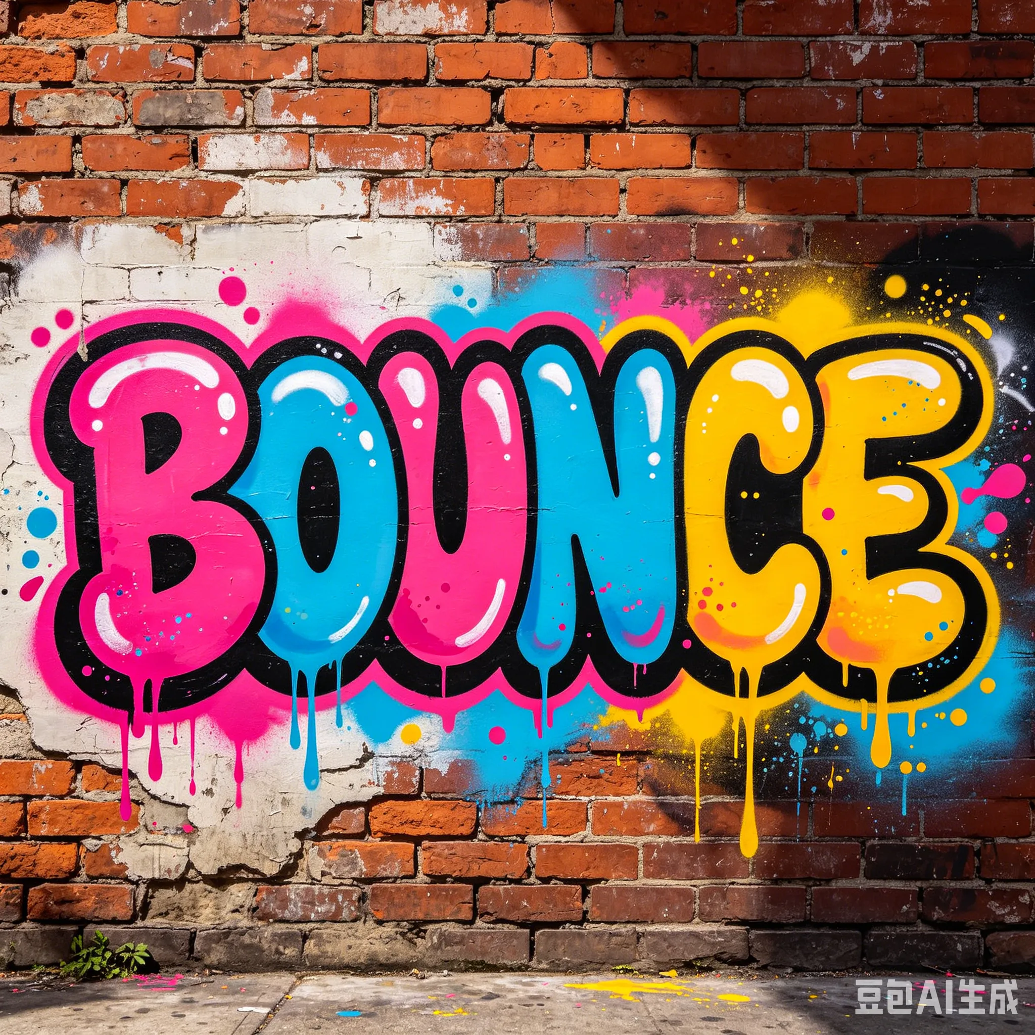Examples created with Doubao AI across multiple text prompts including graphic illustration style Bubble Letters graffiti for digital assets