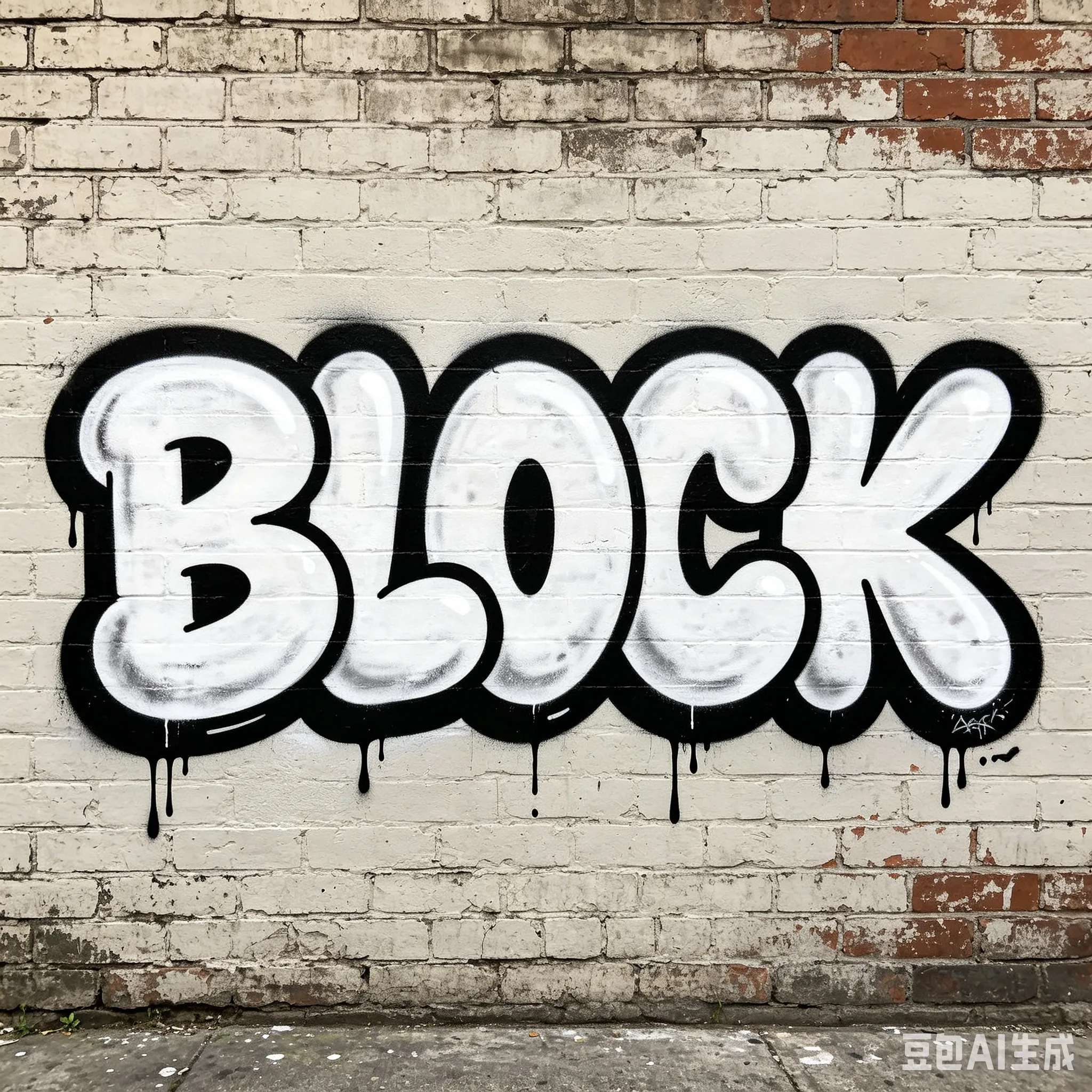 Examples created with Doubao AI across multiple text prompts including high-contrast Throw-Up graffiti outlines with block styles