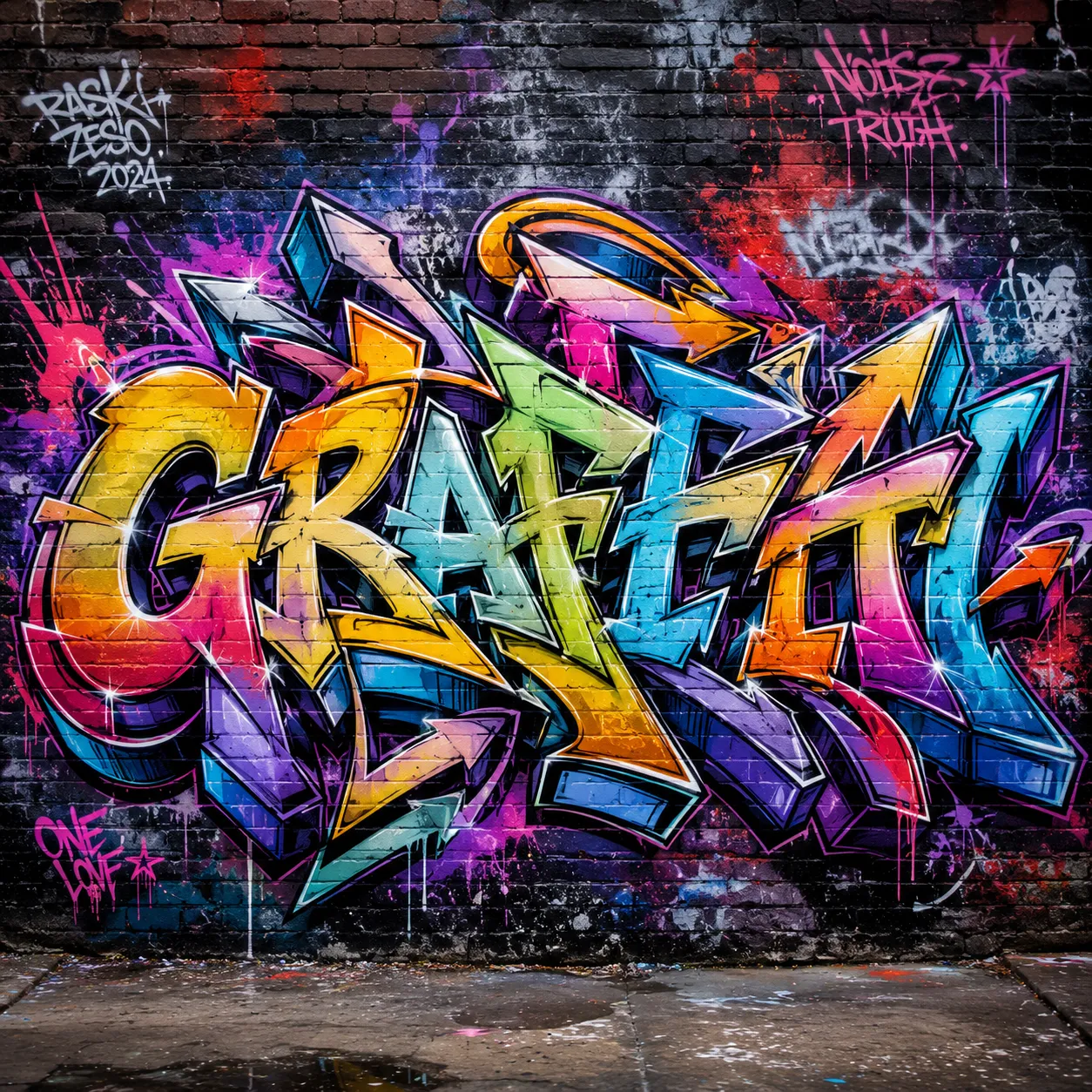 Examples created with GPT Image across multiple text prompts including 3D Wildstyle graffiti lettering on a brick wall background