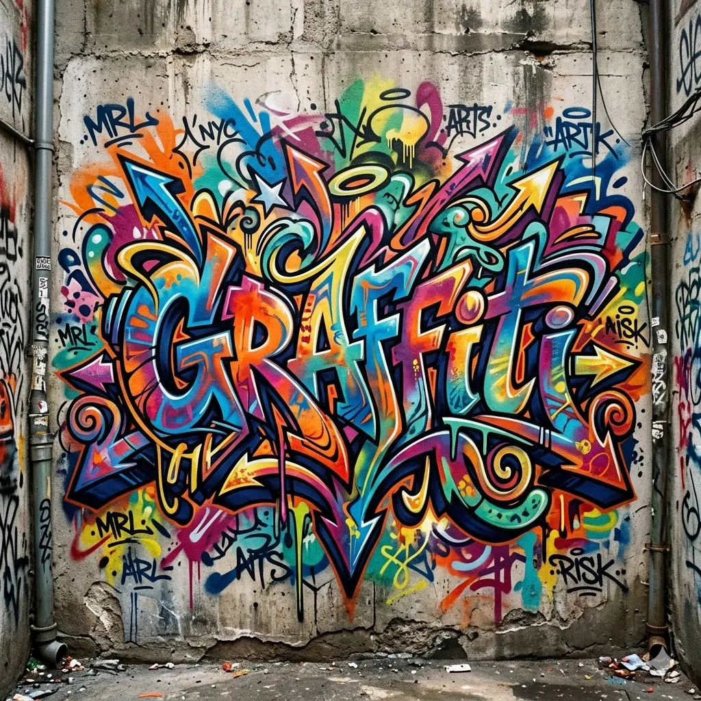 Examples created with Google Gemini across multiple text prompts including polished Wildstyle graffiti murals with interlocking letters