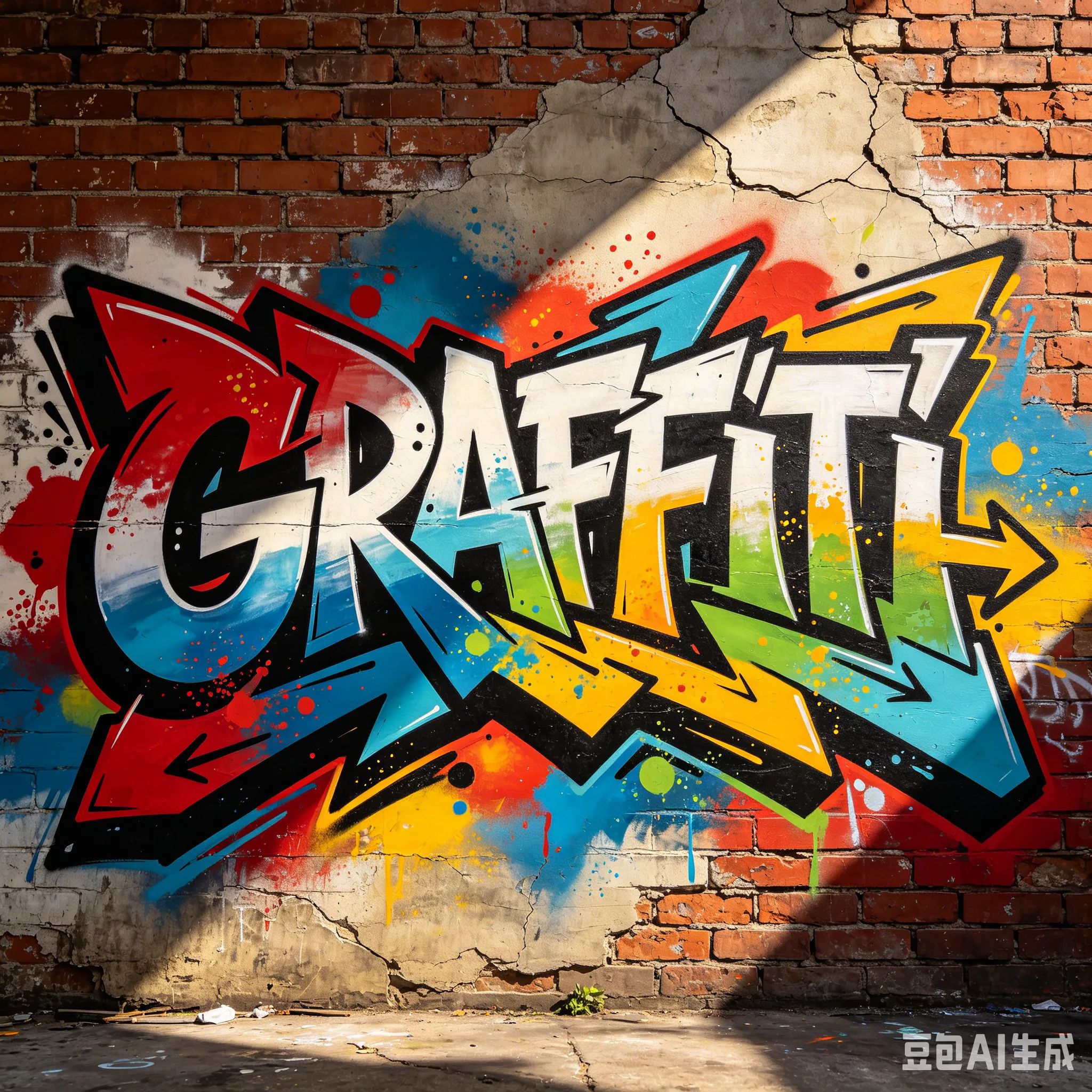 Examples created with Doubao AI across multiple text prompts including colorful Wildstyle graffiti designs on an urban wall