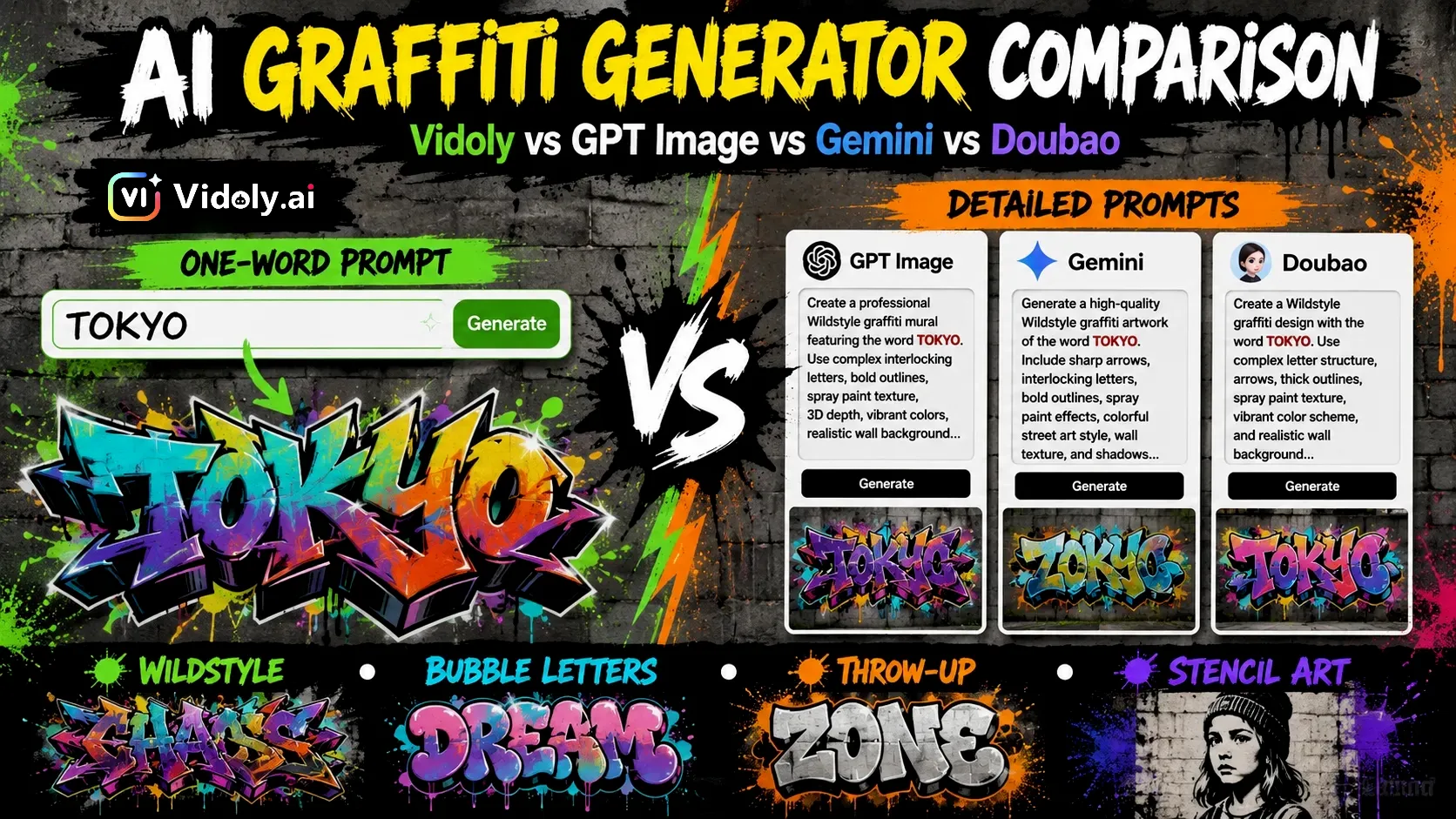 Examples created with AI graffiti generator comparison chart across multiple street art styles including Wildstyle, Bubble Letters, Throw-Up, and Stencil Art
