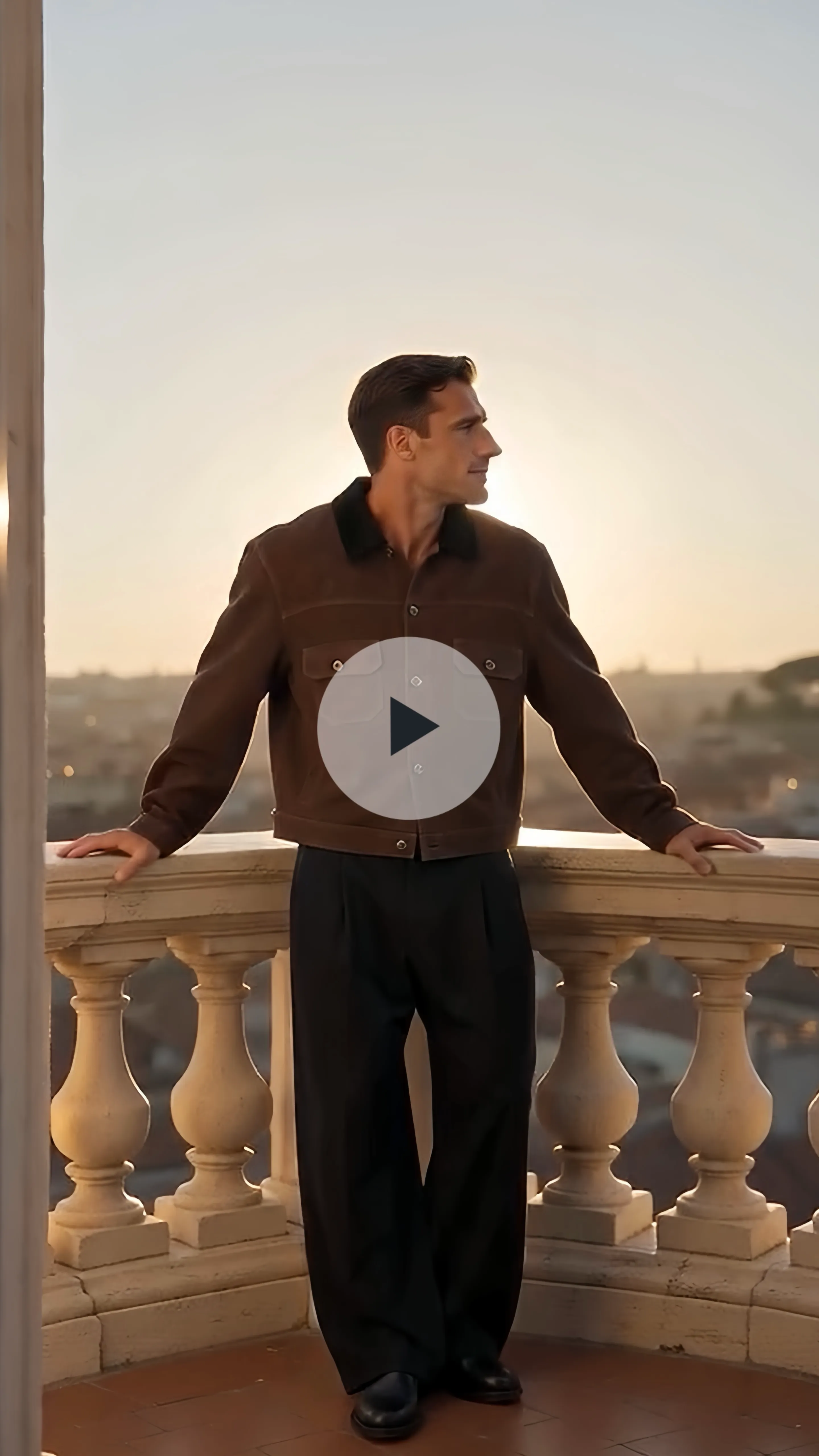 Cinematic fashion lookbook video ad showing an AI model wearing the suede jacket on a luxury yacht