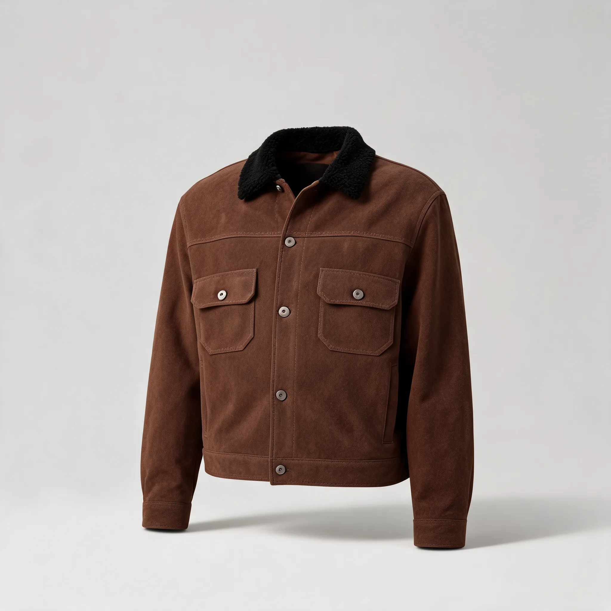 Flat lay studio photograph of a premium men brown suede jacket