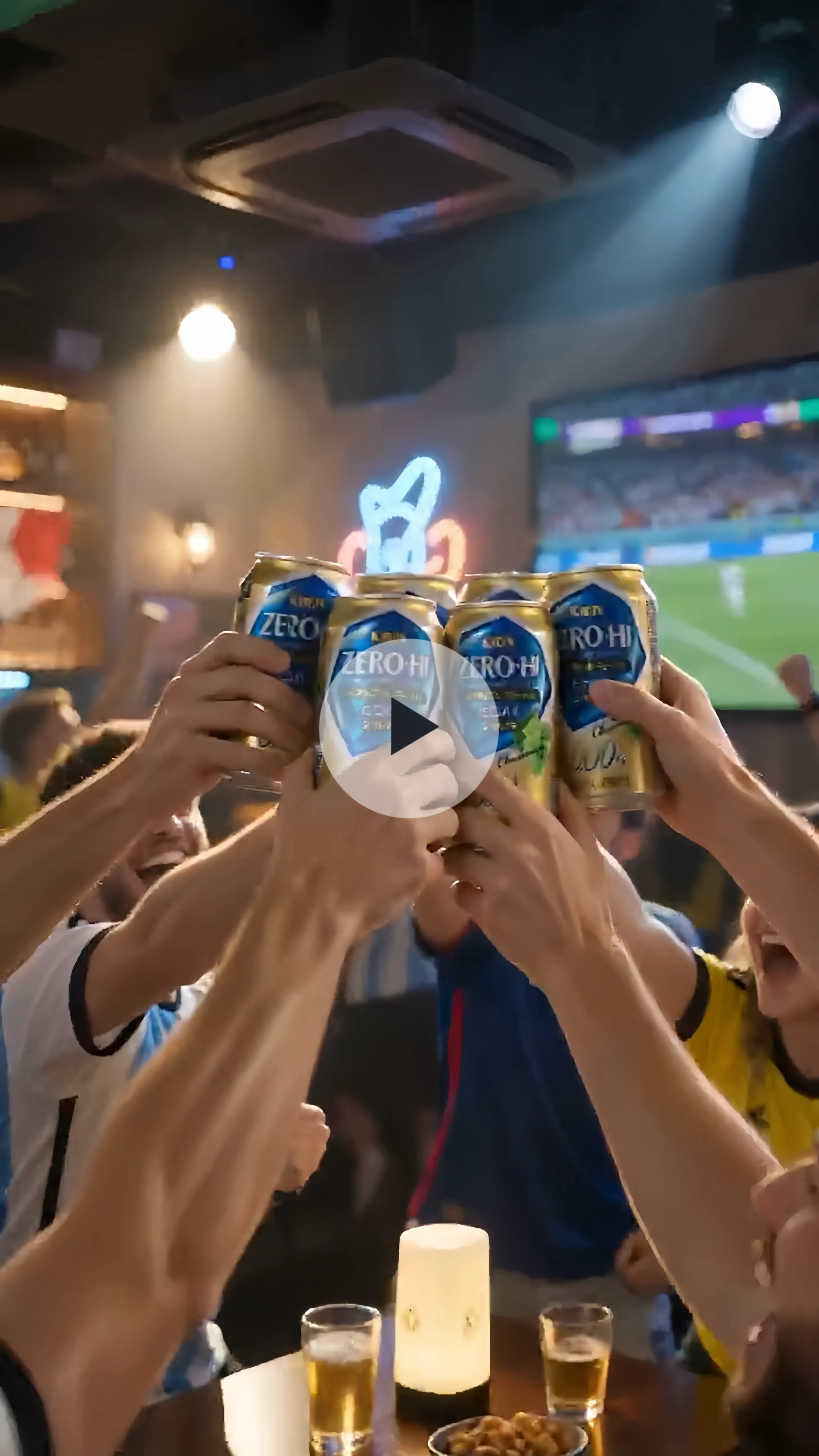 AI generated World Cup themed dynamic video ad showing a beer bottle splashing through ice in a roaring soccer stadium