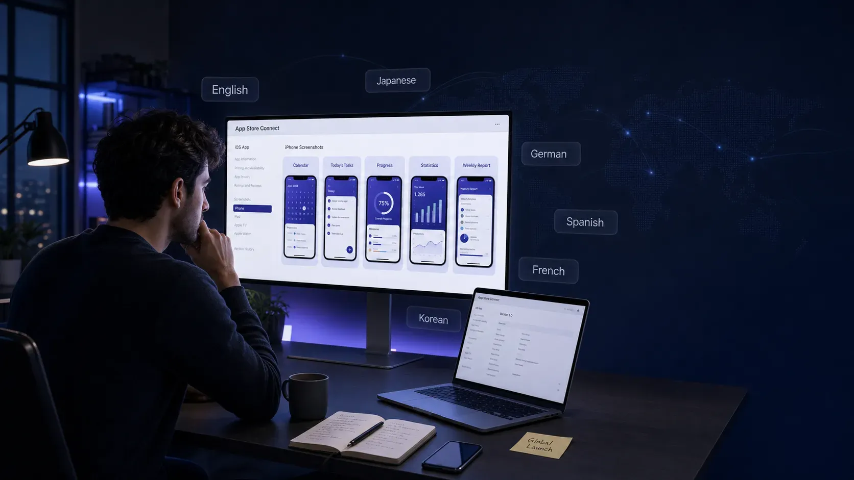AI Image Translator localizing identical App Store screenshots into English, Japanese, German, and Spanish while preserving the same UI layout, colors, typography, and branding for global app localization.