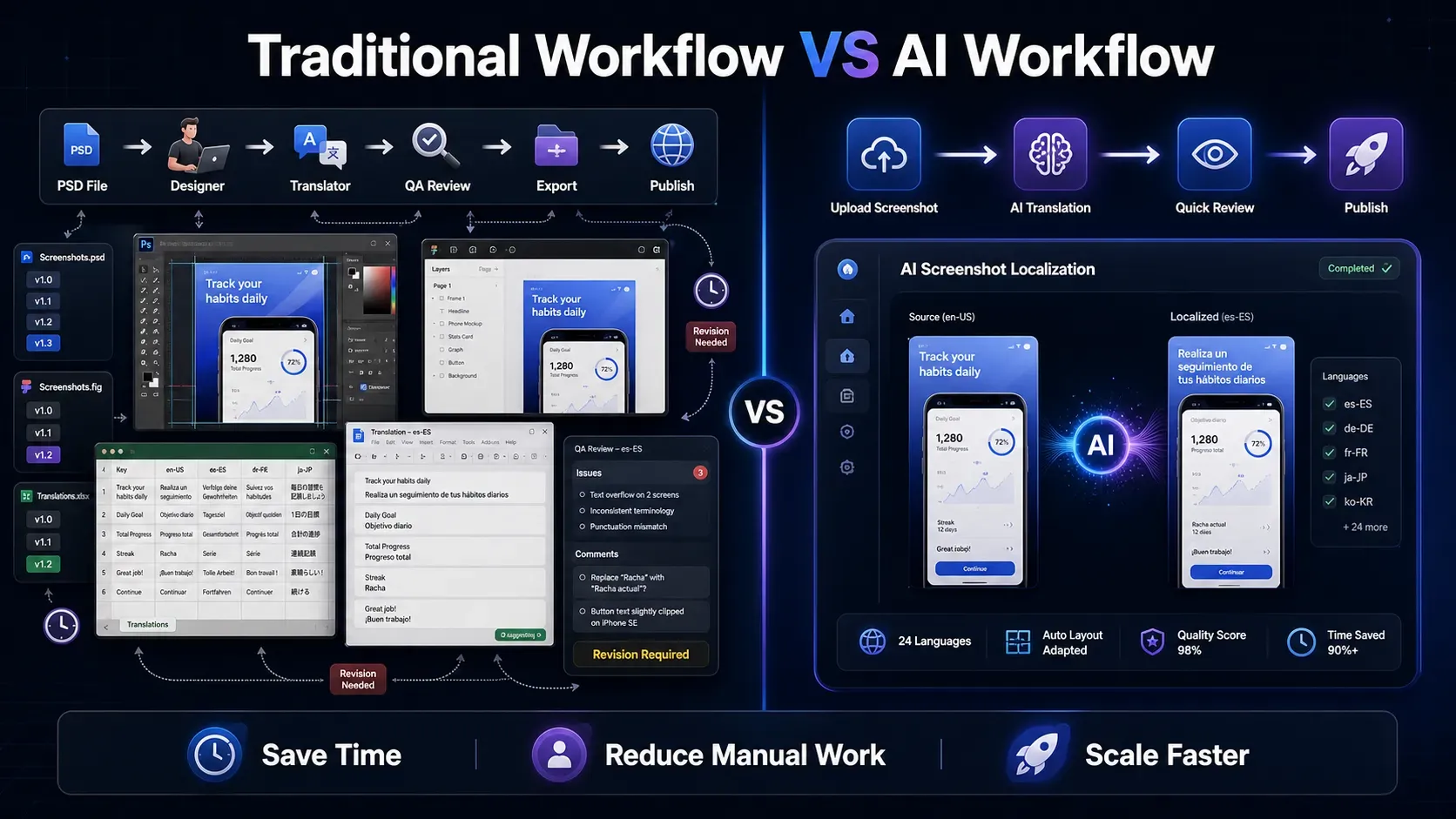 Comparison between traditional screenshot localization and AI Image Translator workflow.