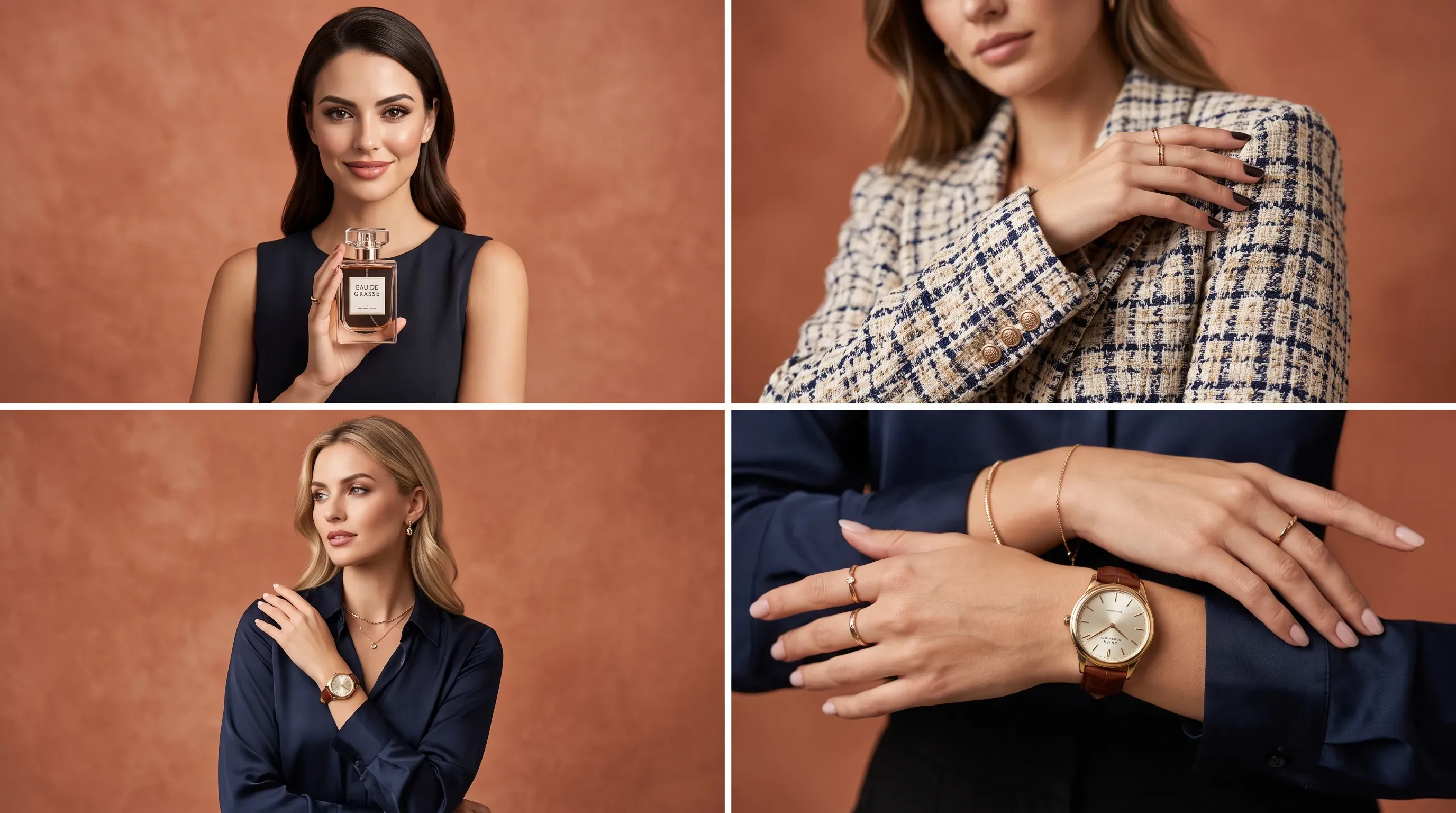 Matrix showing AI model interactions across perfume, apparel, and watch product marketing campaigns.