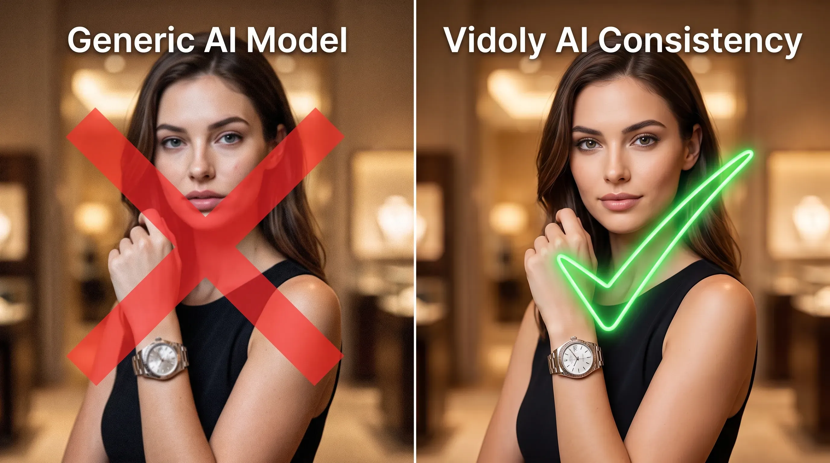 Side-by-side comparison showing exact model identity and product SKU preservation versus distorted general AI outputs.