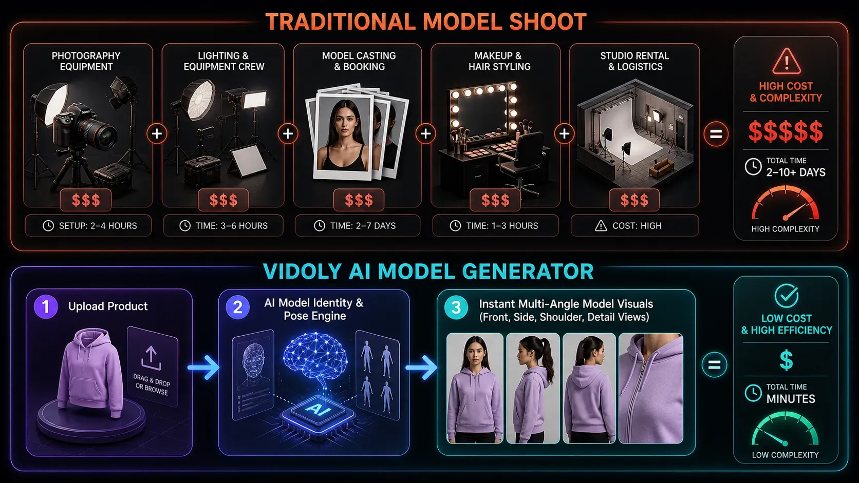 Comparison diagram between traditional product photoshoot workflow and automated AI product marketing generator workflow.