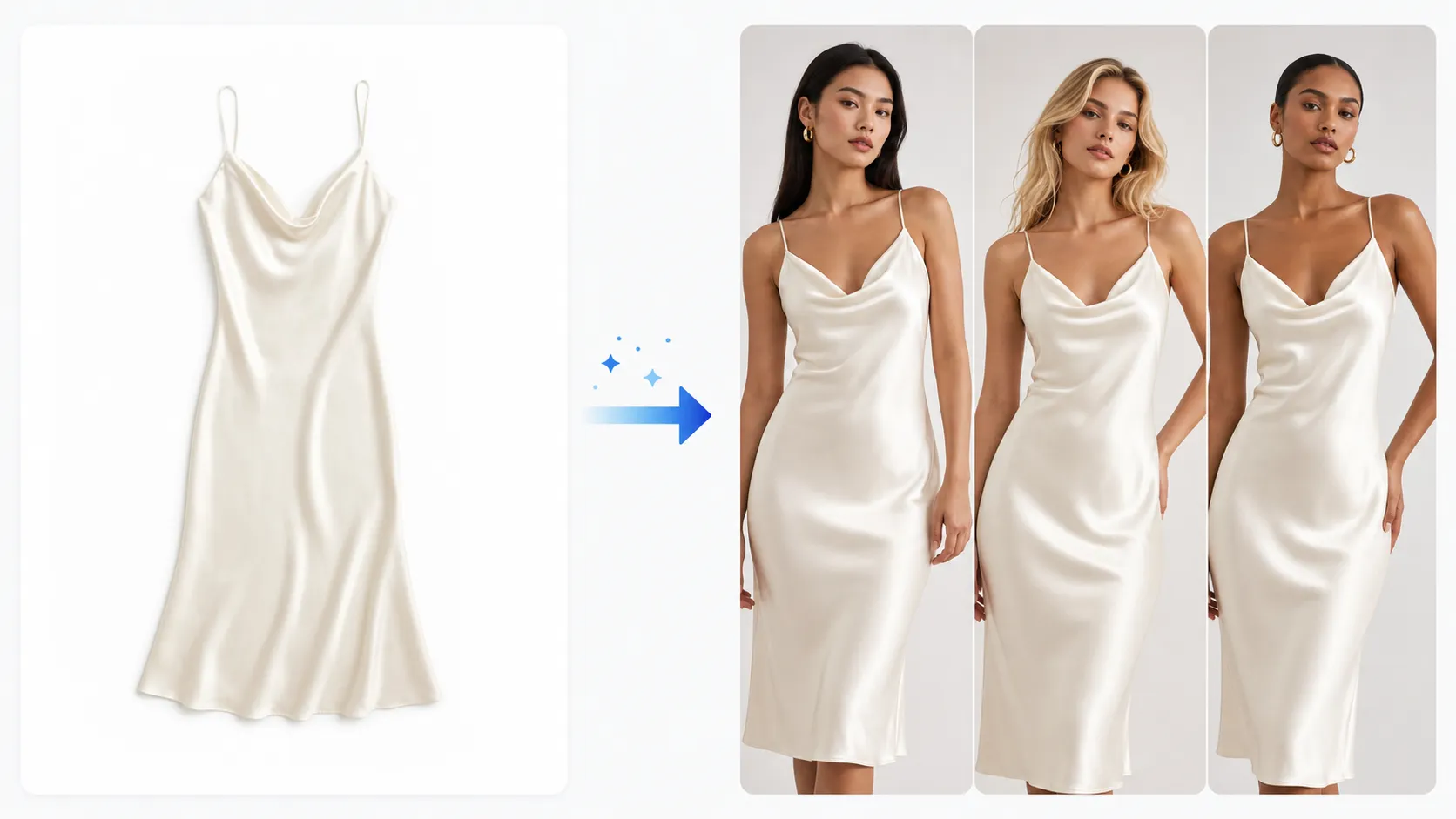 Flat-lay silk dress input transformed into realistic AI model photos using Vidoly AI Virtual Try-On tool.