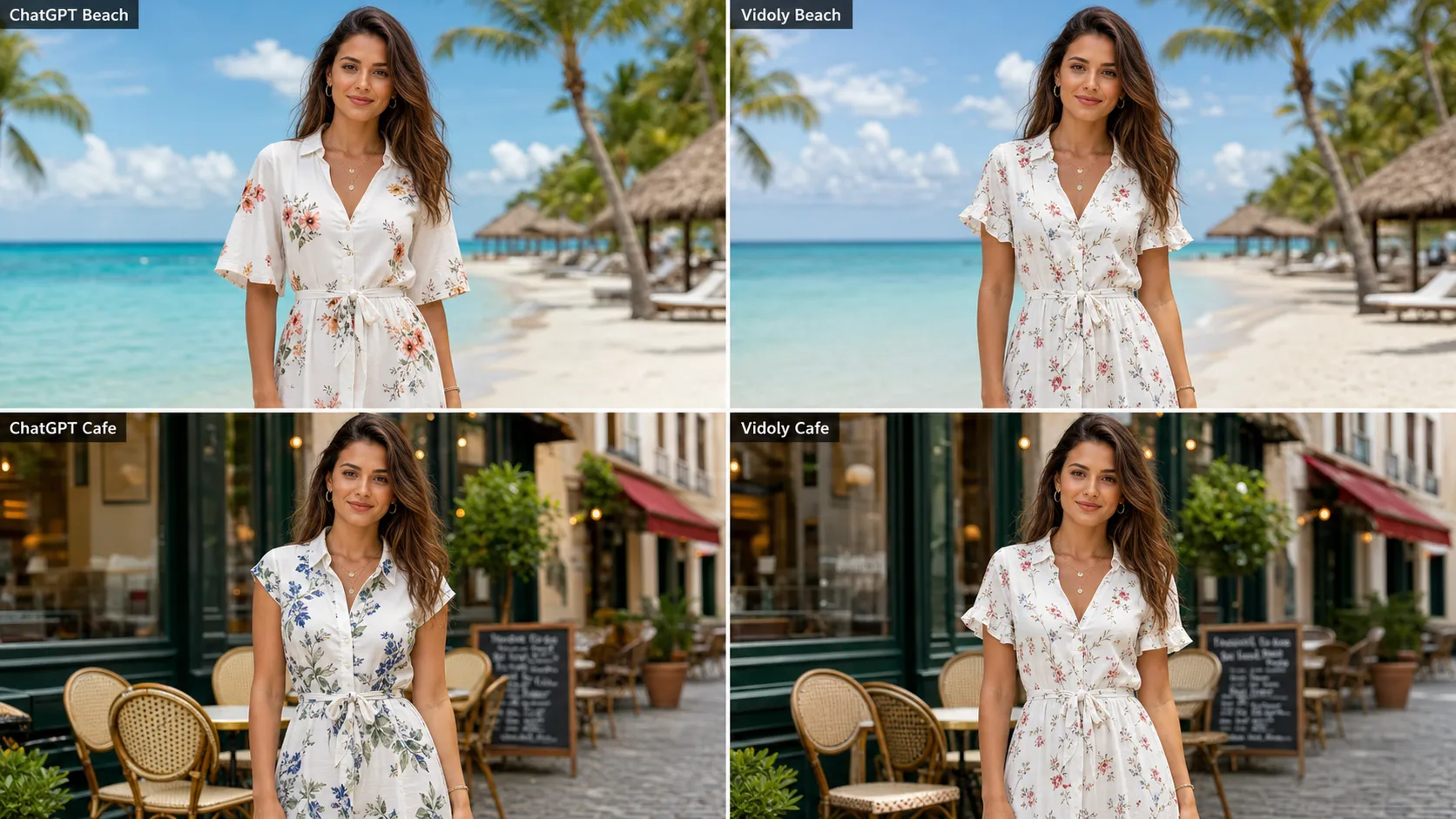 Grid graphic comparing outfit consistency across beach and street cafe environments using ChatGPT vs Vidoly.