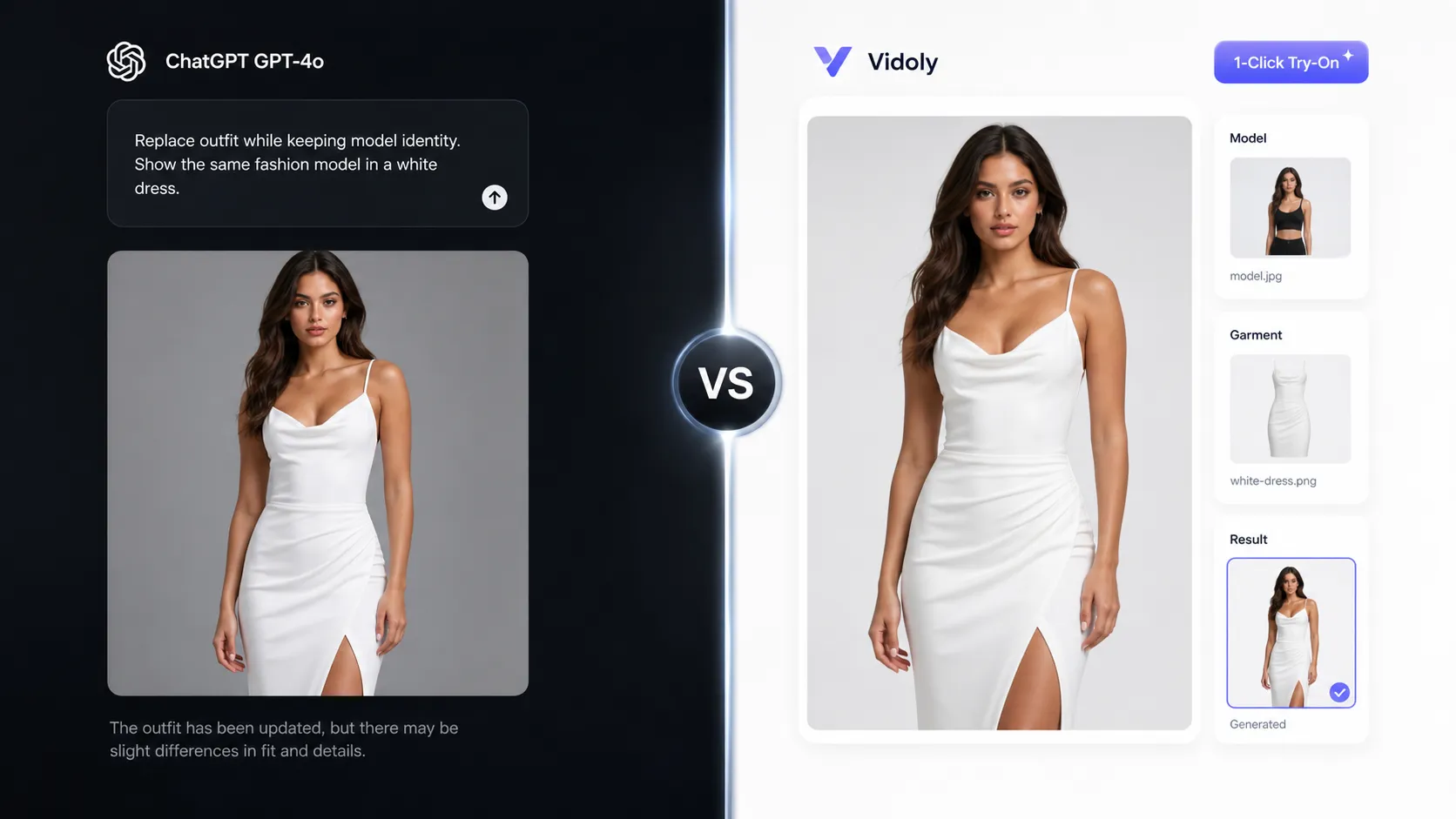 Comparison banner showing ChatGPT prompt box workflow versus Vidoly 1-click photo upload pipeline for AI virtual try-on.