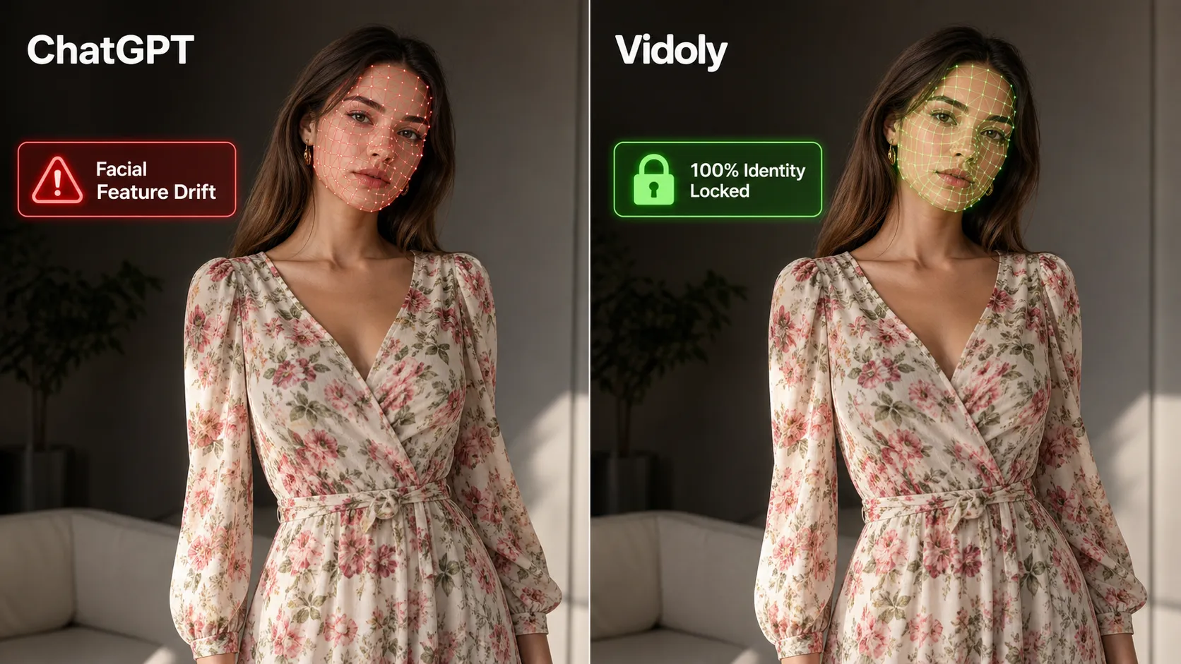 Model face preservation test comparing facial feature drift on ChatGPT against 100% identity lock mesh on Vidoly.