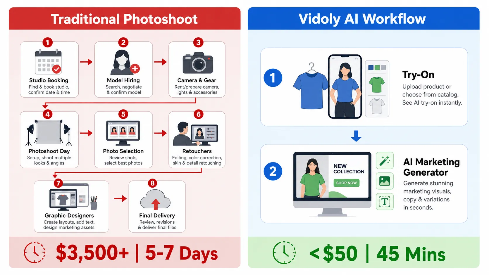 Infographic comparing traditional fashion photoshoot timeline and cost versus Vidoly AI automated workflow for clothing brands.