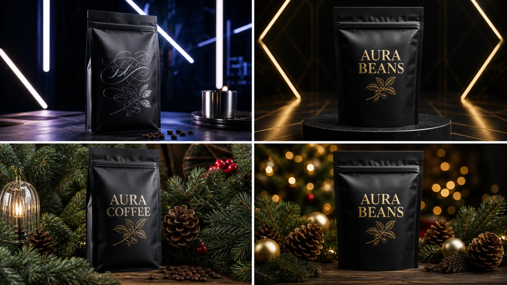 Grid graphic comparing Black Friday neon theme vs Christmas festive theme for coffee bean packaging in ChatGPT and Vidoly.