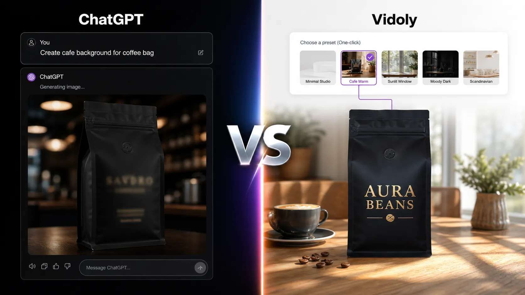 Hero comparison image showing coffee bag detail shifts on ChatGPT versus pixel-exact product representation on Vidoly.