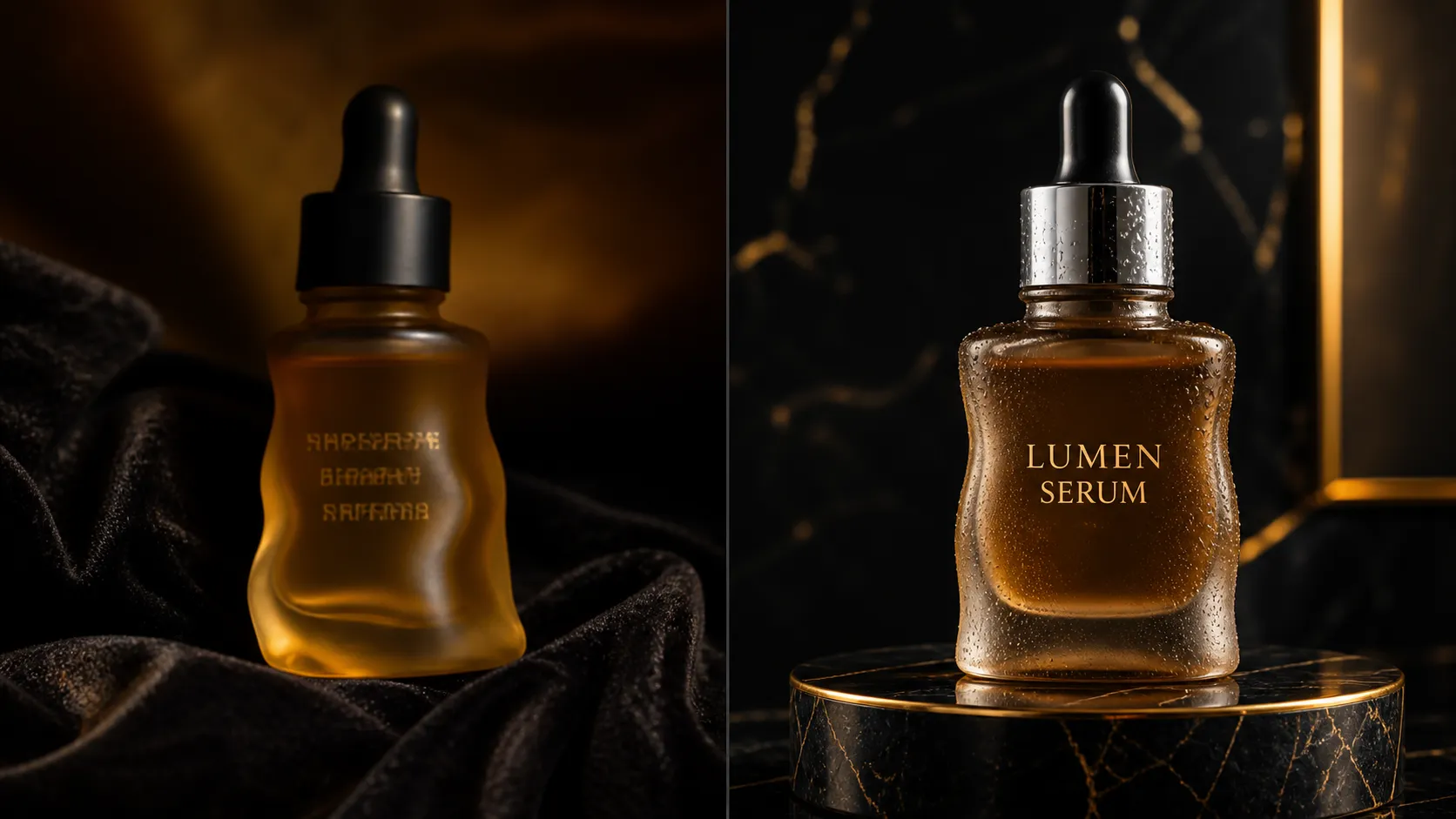 Side-by-side image showing dark marble luxury background placement of an amber cosmetic serum bottle in ChatGPT vs Vidoly.