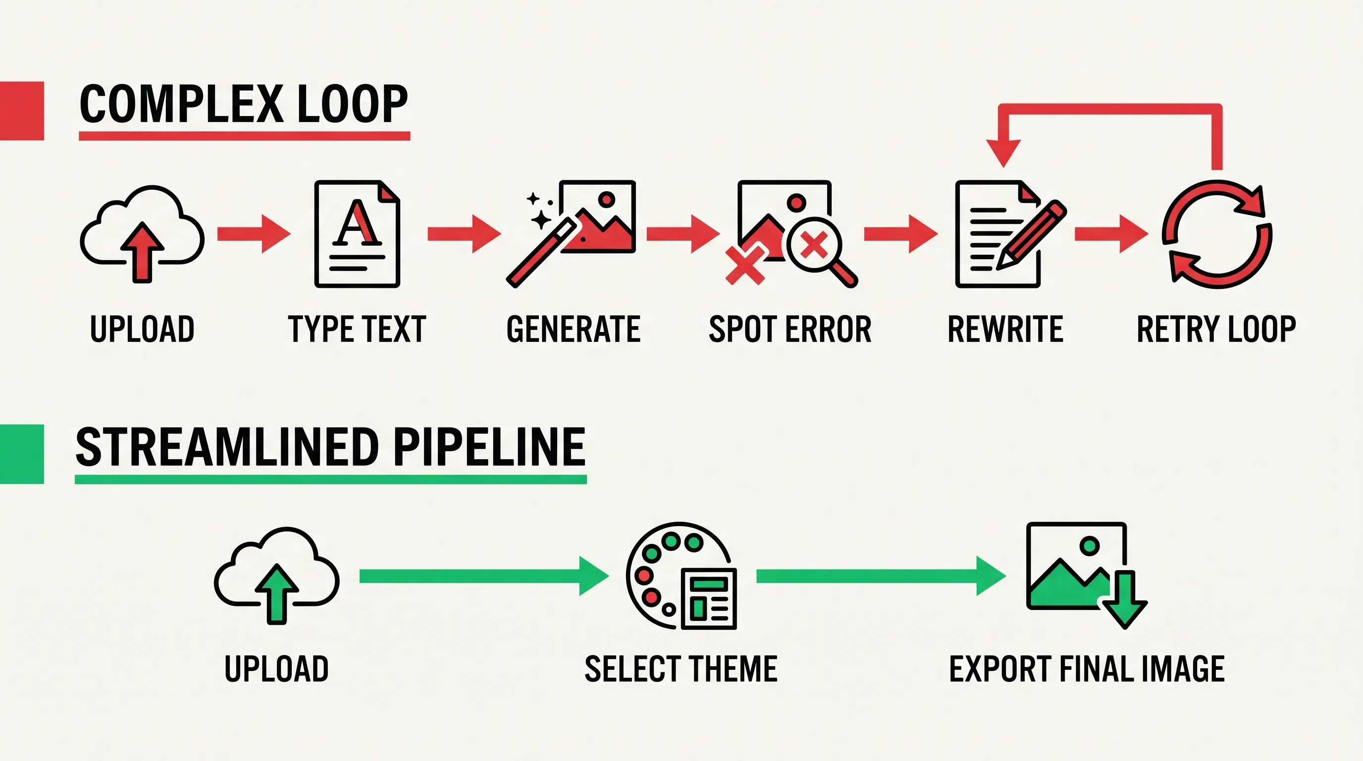 Workflow diagram illustrating prompt retry loops vs streamlined product marketing image generation.