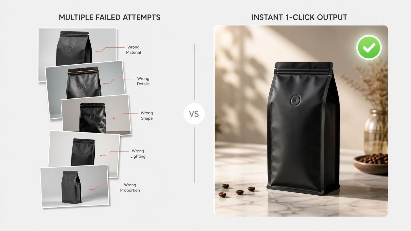 Conceptual graphic contrasting complex text-prompt iteration cycles against instant product theme output.